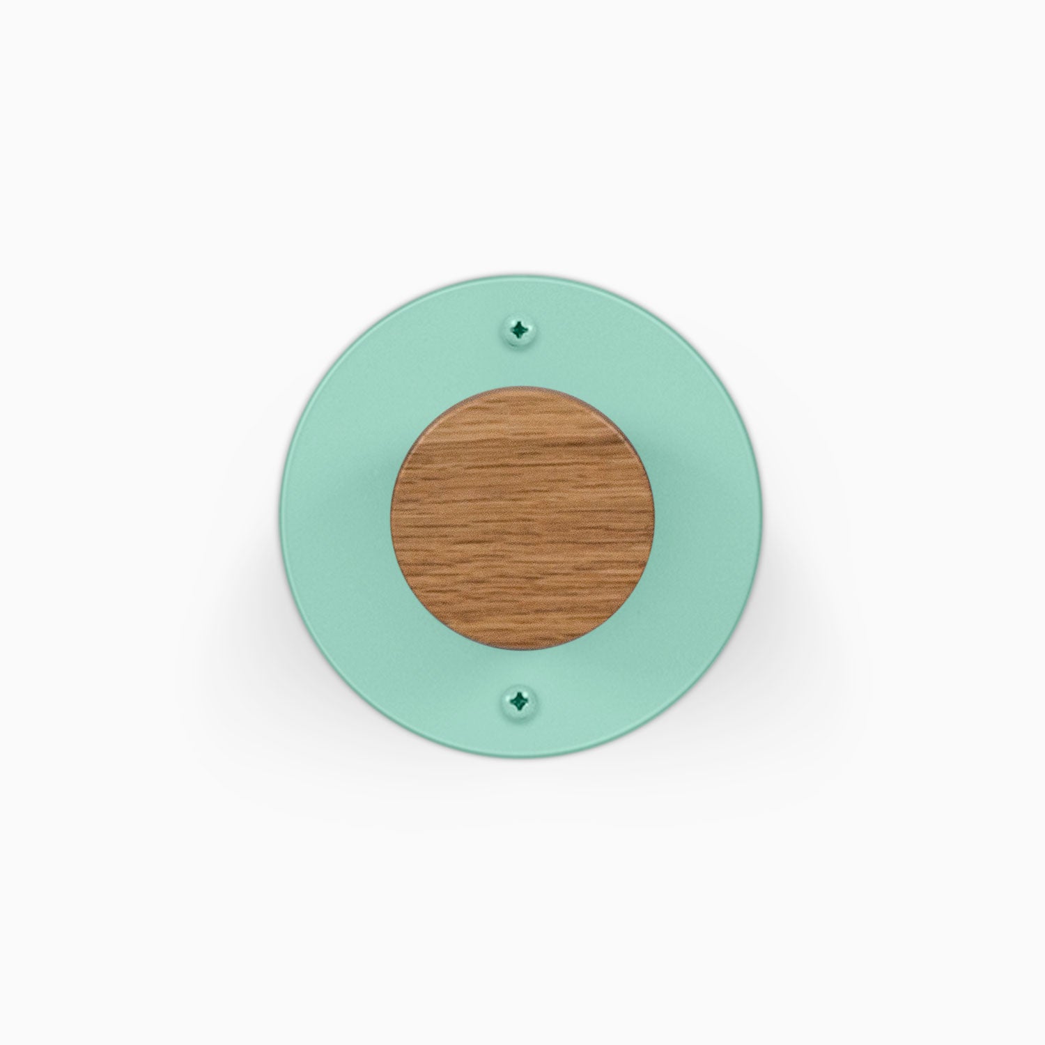 Runda Coat Rack 1 in mint green with a round solid wood center and two visible wall mounting screws for organized entryway storage