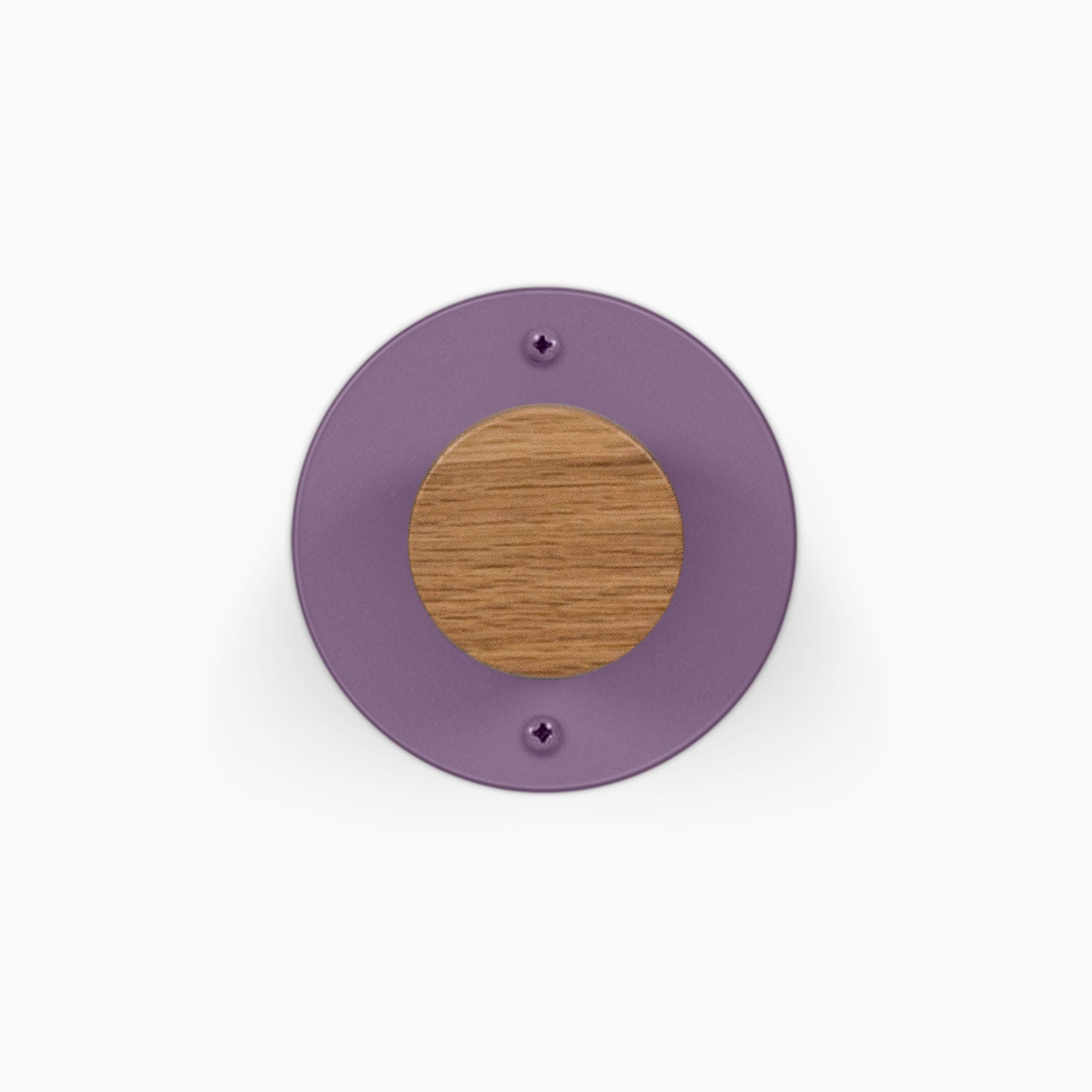 Runda Coat Rack 1 round purple wall hook with a natural wood center and two visible mounting screws