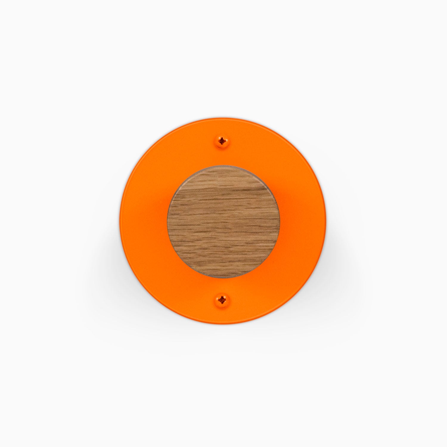 Runda Coat Rack 1 orange circular wall hook with a wood center and two visible mounting screws on a white background