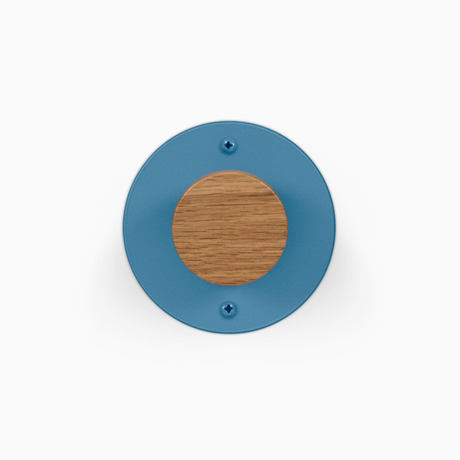 Runda Coat Rack 1 blue circular wall hook with a round wood accent and two visible mounting screws for organized entryways