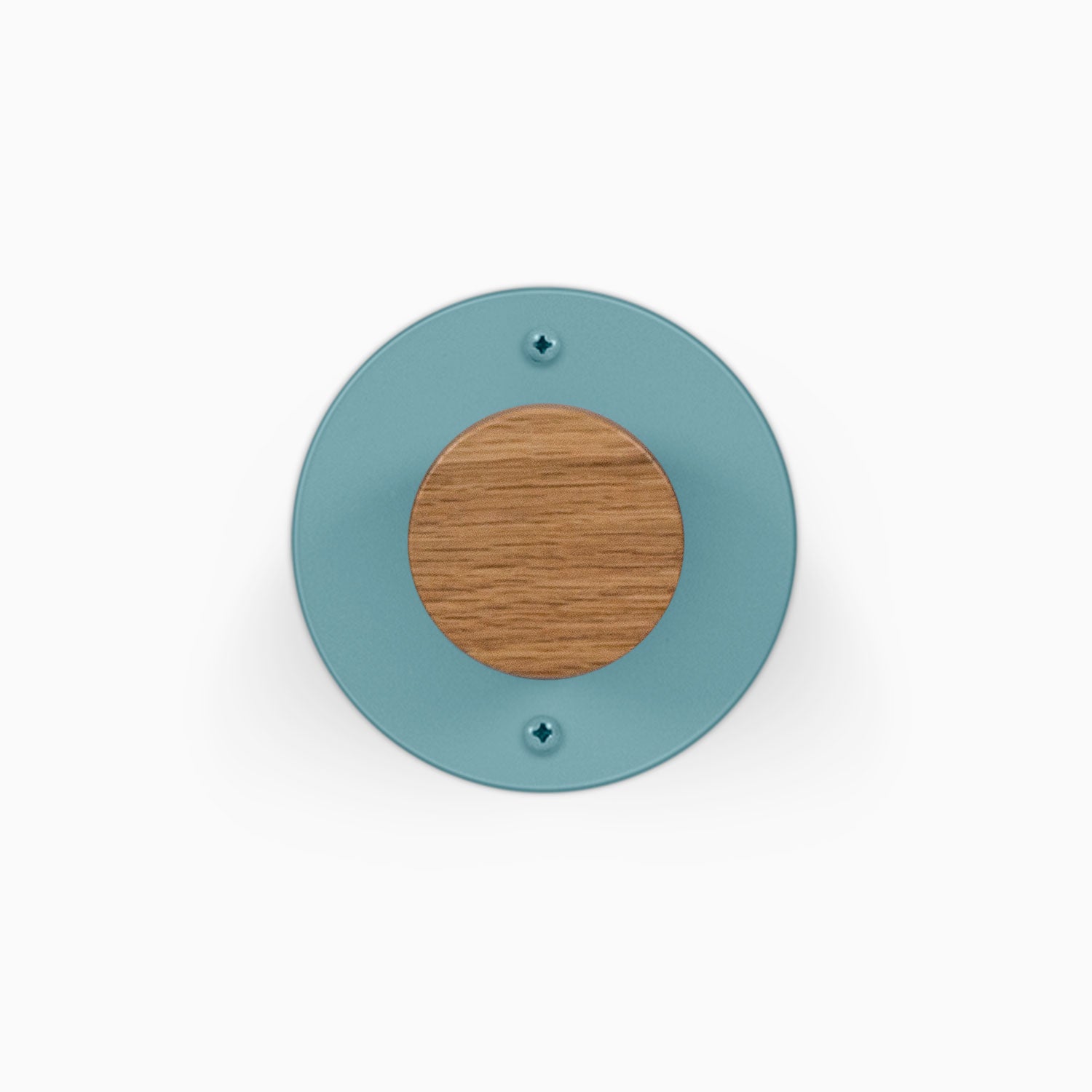 Runda Coat Rack 1 round teal wall mounted coat rack with a natural wood center and two visible mounting screws