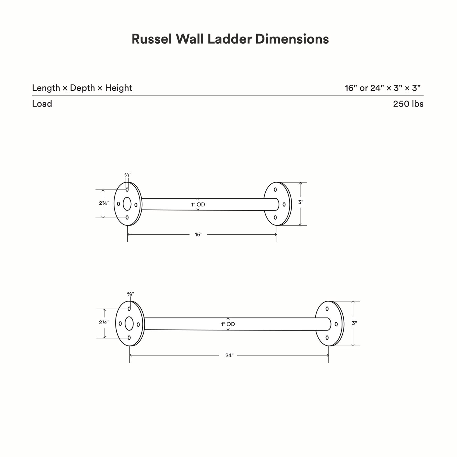 Russel Wall Ladder technical drawing showing precise dimensions for 16-inch and 24-inch lengths with mounting plate details and load capacity.