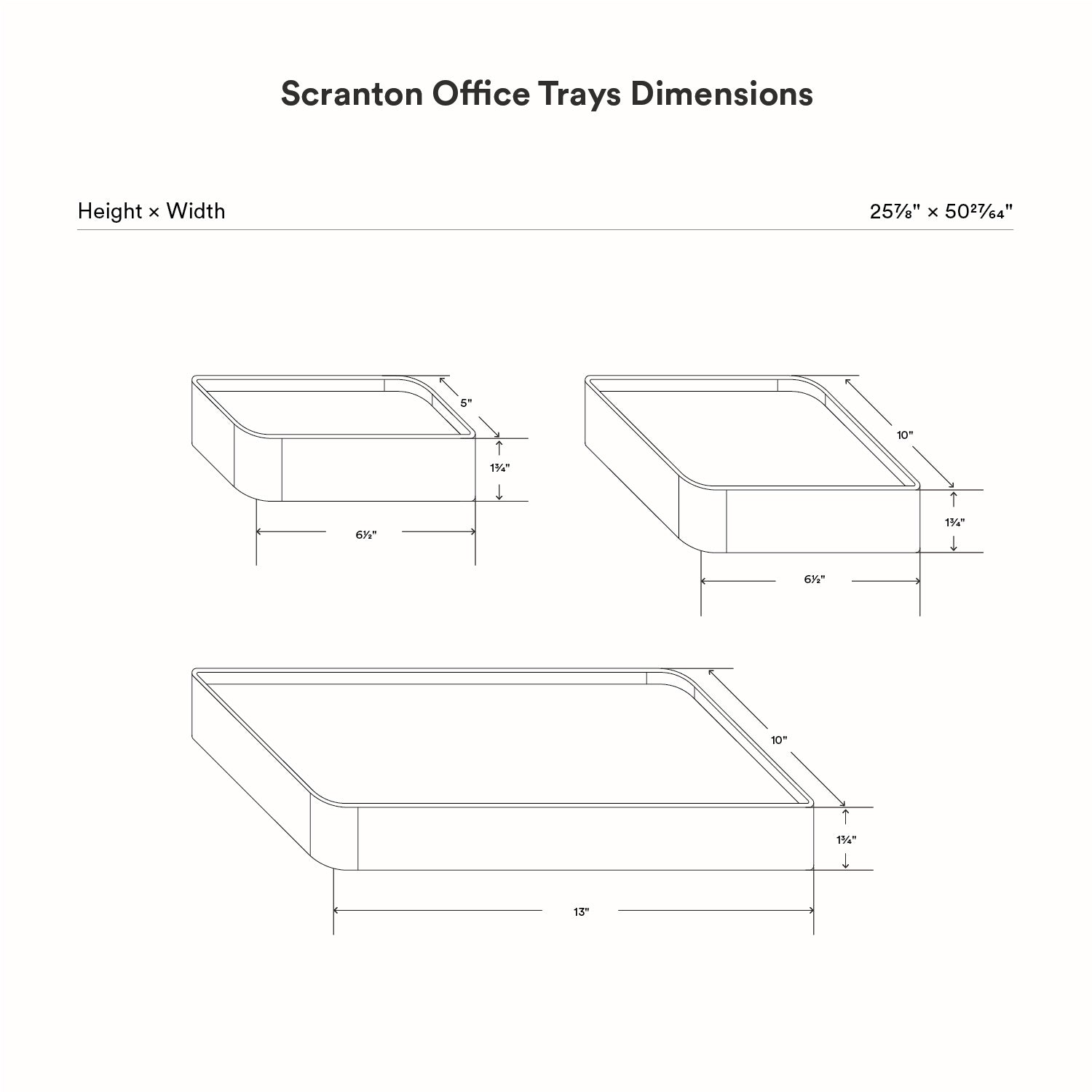 Technical line drawing showing dimensions of Scranton Office Tray in three size variations with detailed measurements for height, width, and depth of each tray.