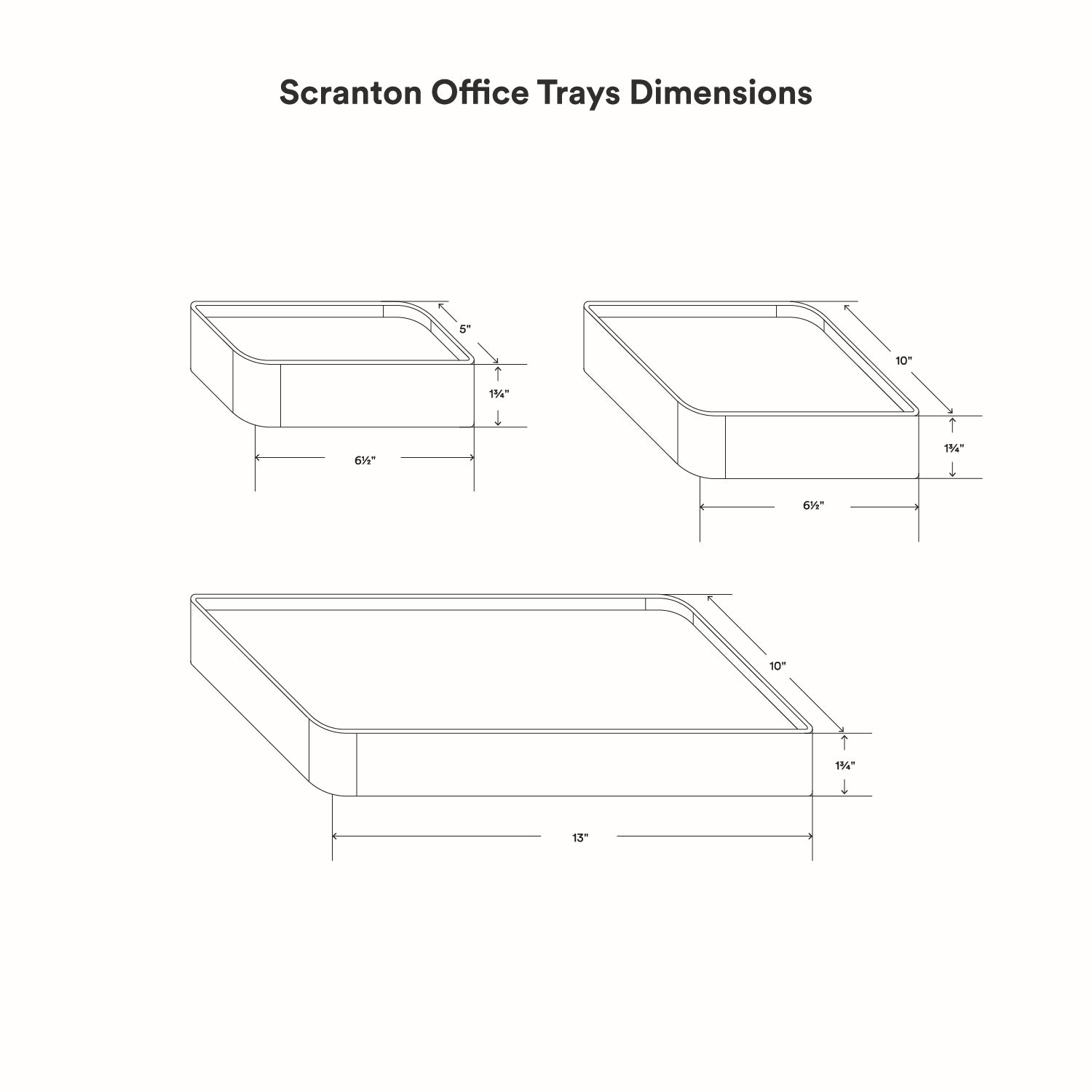 Technical line drawing of Scranton Office Tray showing precise dimensions for three sizes with minimalist, functional design.