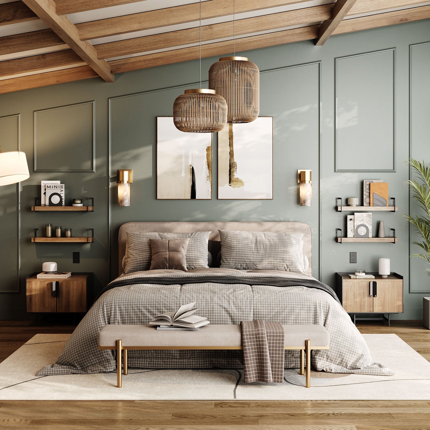 Modern bedroom with a bed, shortie shelves, and decorative elements.