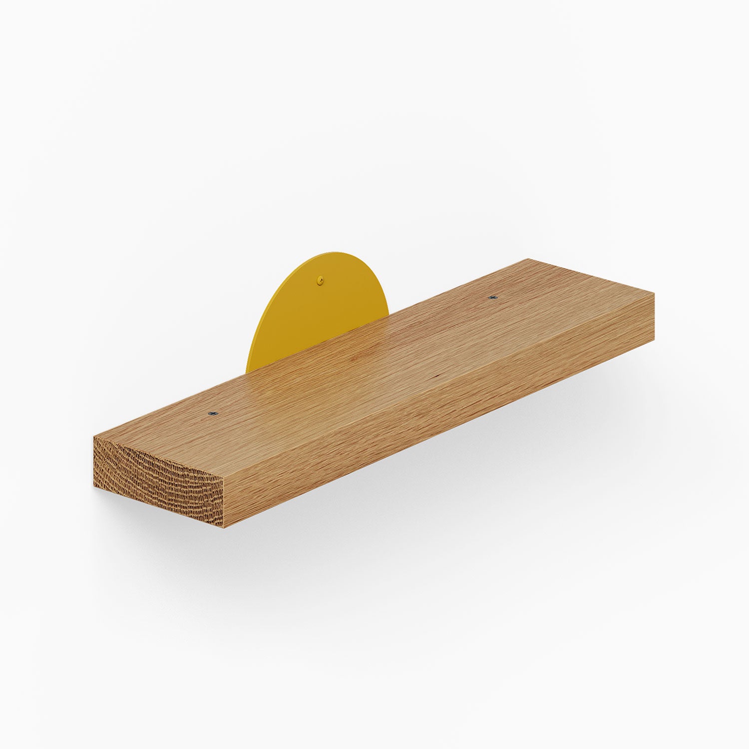 Shortie Deux Wall Shelf features a minimalist solid hardwood design with a mustard yellow metal bracket, ideal for functional and stylish wall display.