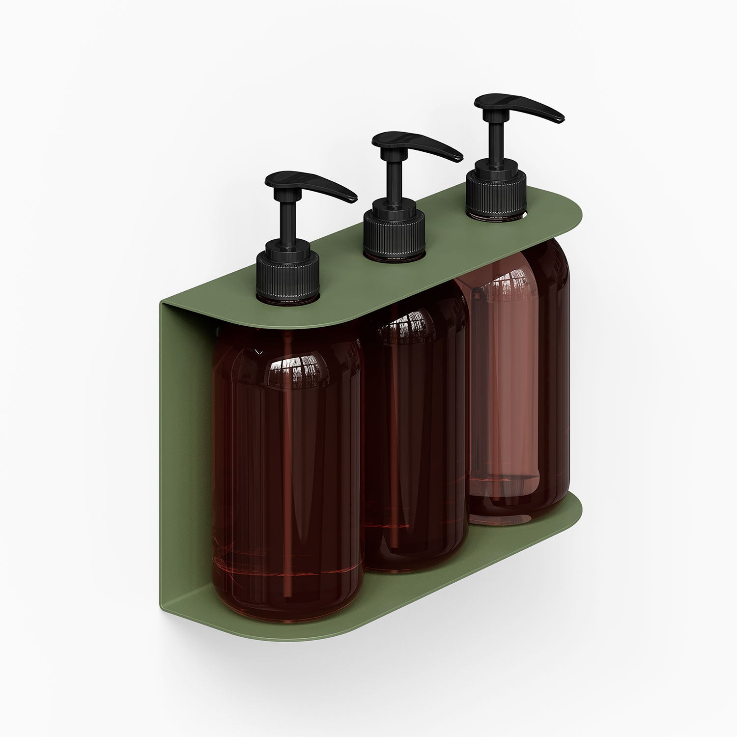 Soap Opera Shower Dispenser wall-mounted unit with three dark amber pump bottles held in a sleek olive green metal bracket designed for bathroom organization.