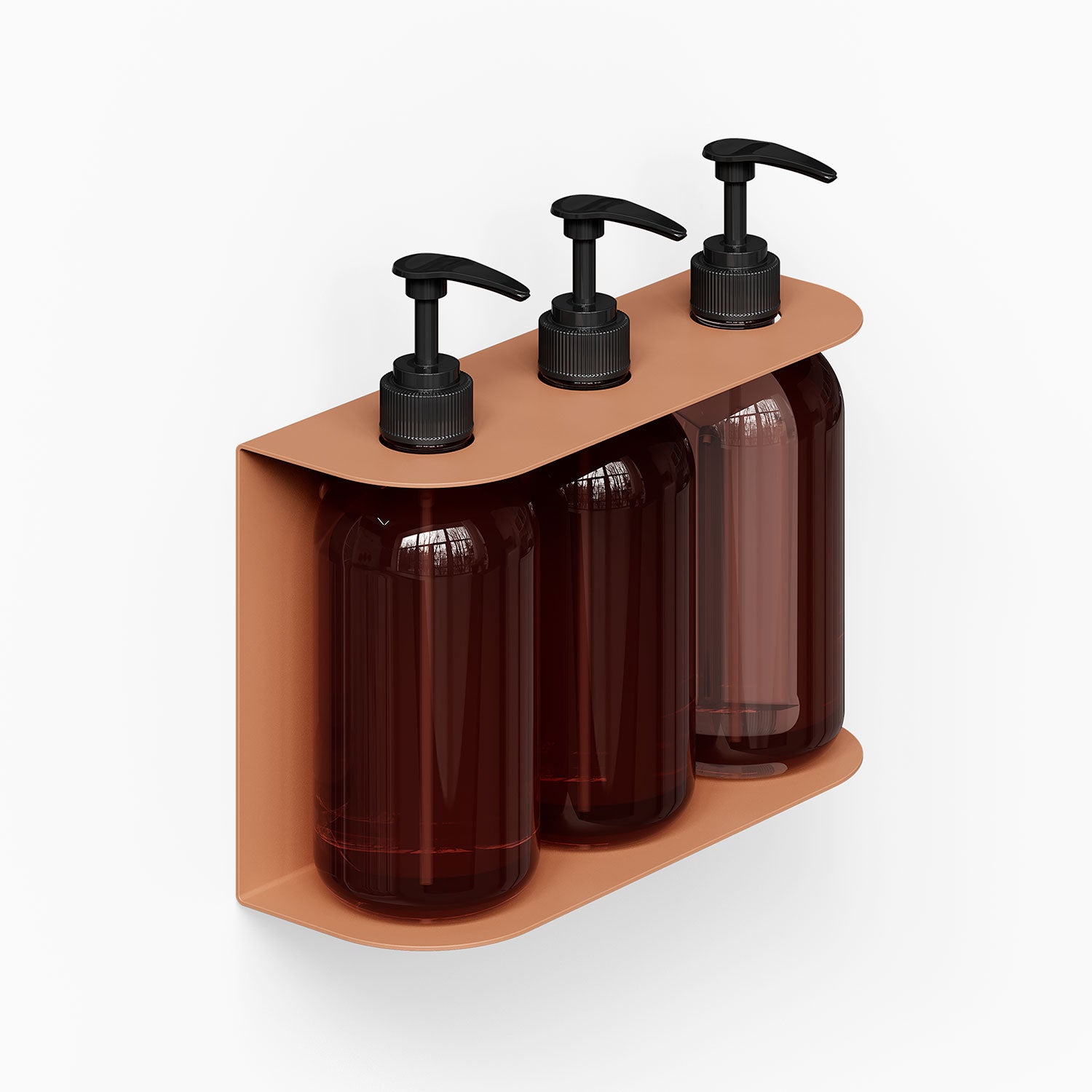 Soap Opera Shower Dispenser with three dark amber pump bottles in a rust-resistant steel wall-mounted holder for organized bathroom storage