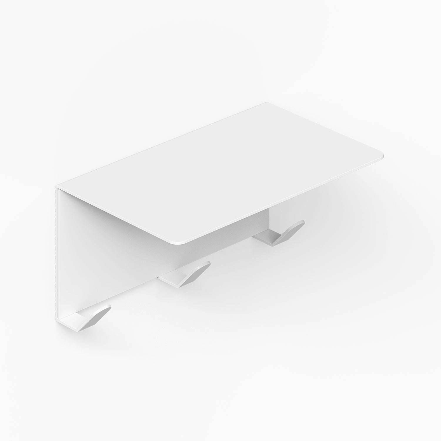 Minimalist white Splendid Shelf + Coat Hooks with three integrated hooks, designed for durable, rust-resistant organization and display.