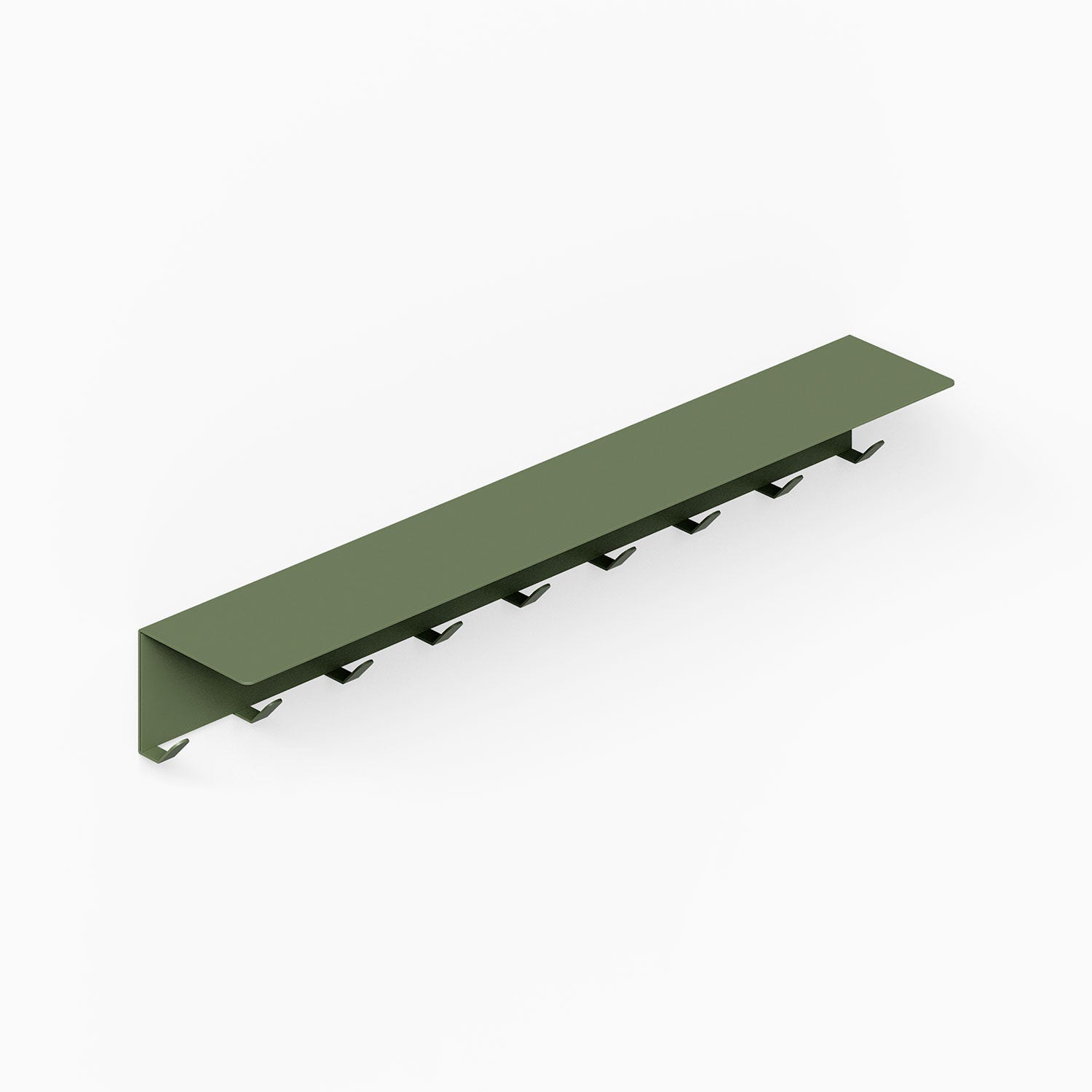 Splendid Shelf + Coat Hooks in matte olive green, minimalist metal floating shelf with nine sturdy coat hooks for organized wall storage.
