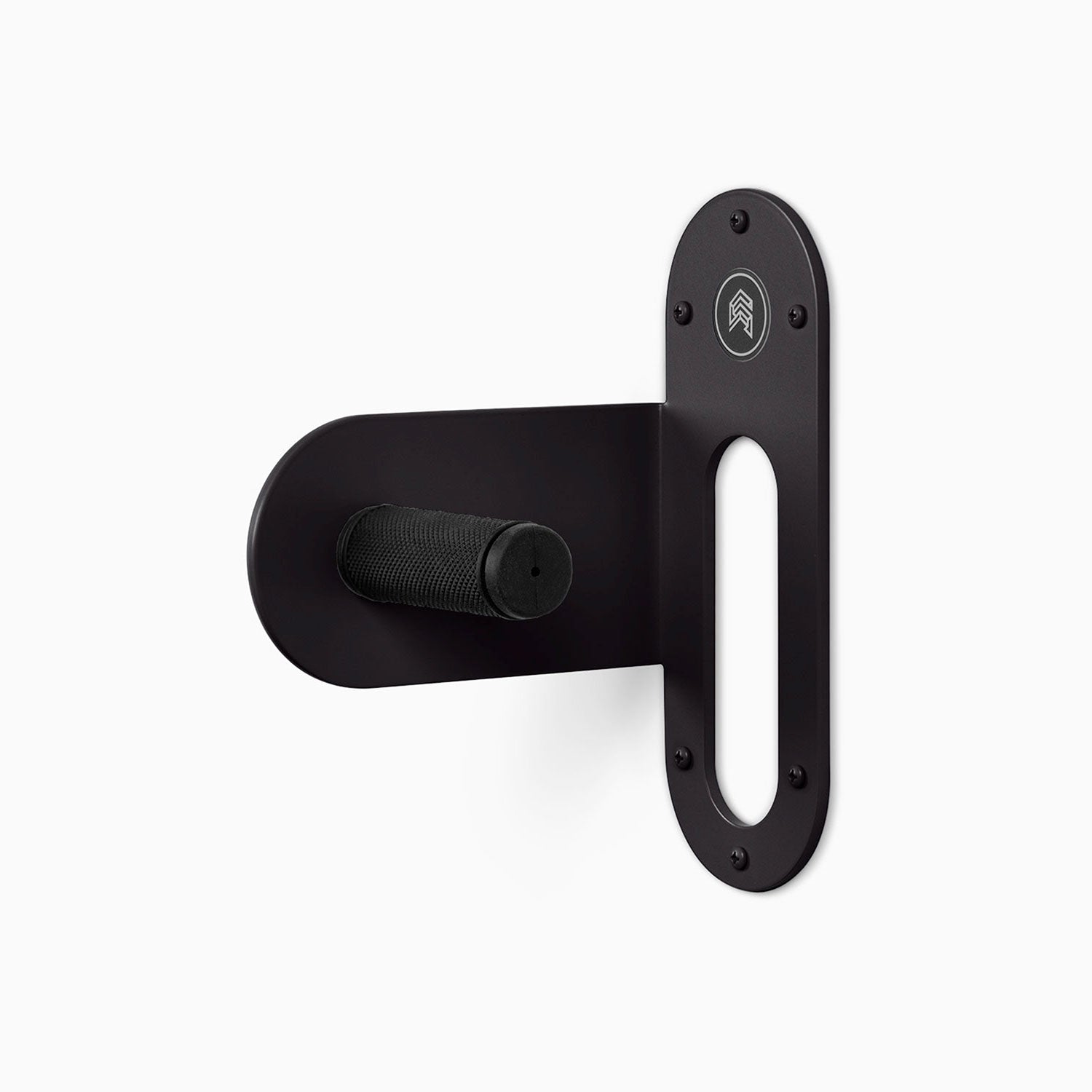 Spoke Bike Hanger – matte black color, left orientation. Modern wall or ceiling-mounted bike hanger by Shelfology, USA-made powder coated steel.