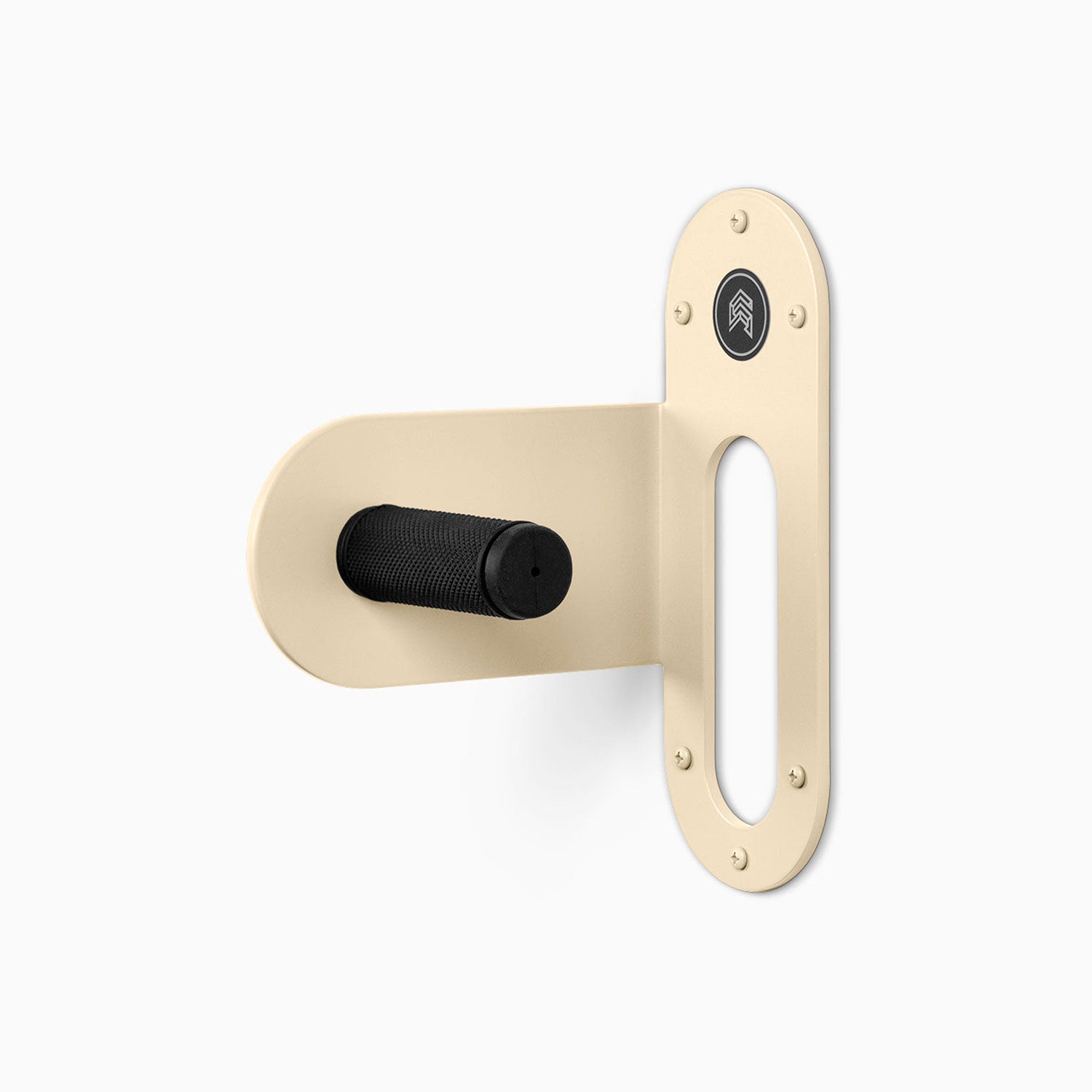 Spoke Bike Hanger – dune color, left orientation. Modern wall or ceiling-mounted bike hanger by Shelfology, USA-made powder coated steel.