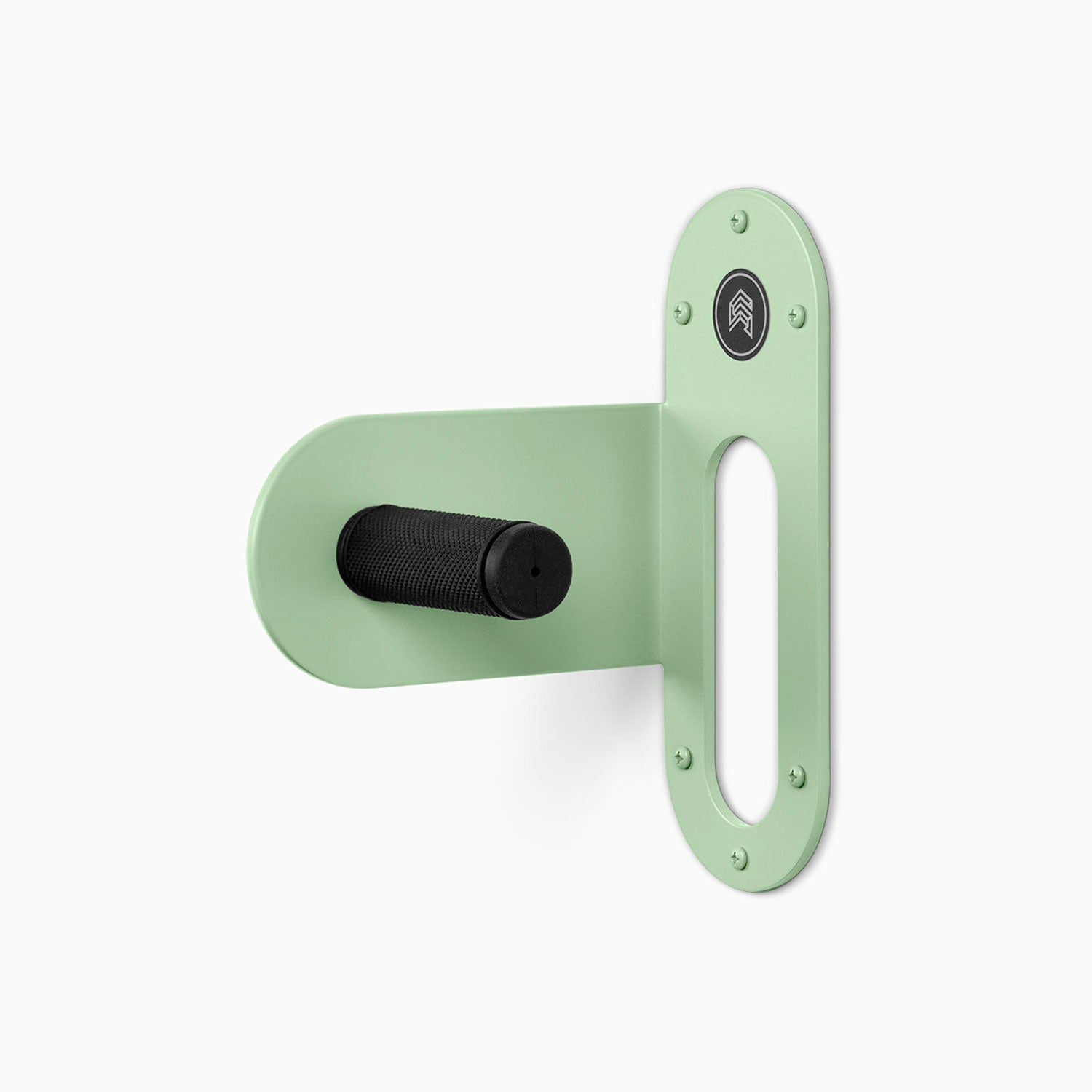 Spoke Bike Hanger – minty breath color, left orientation. Modern wall or ceiling-mounted bike hanger by Shelfology, USA-made powder coated steel.