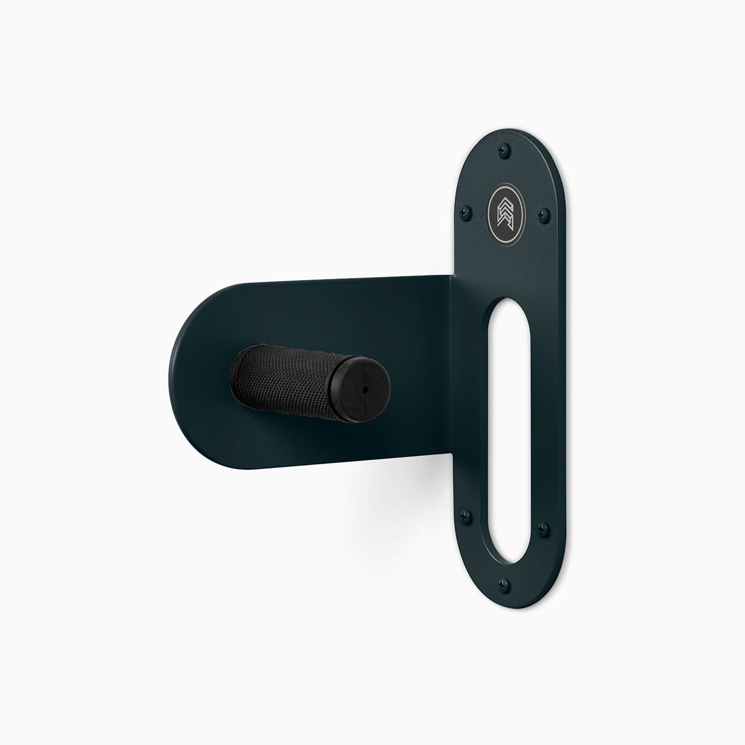 Spoke Bike Hanger – nighty night
color, left orientation. Modern wall or ceiling-mounted bike hanger by Shelfology, USA-made powder coated steel.