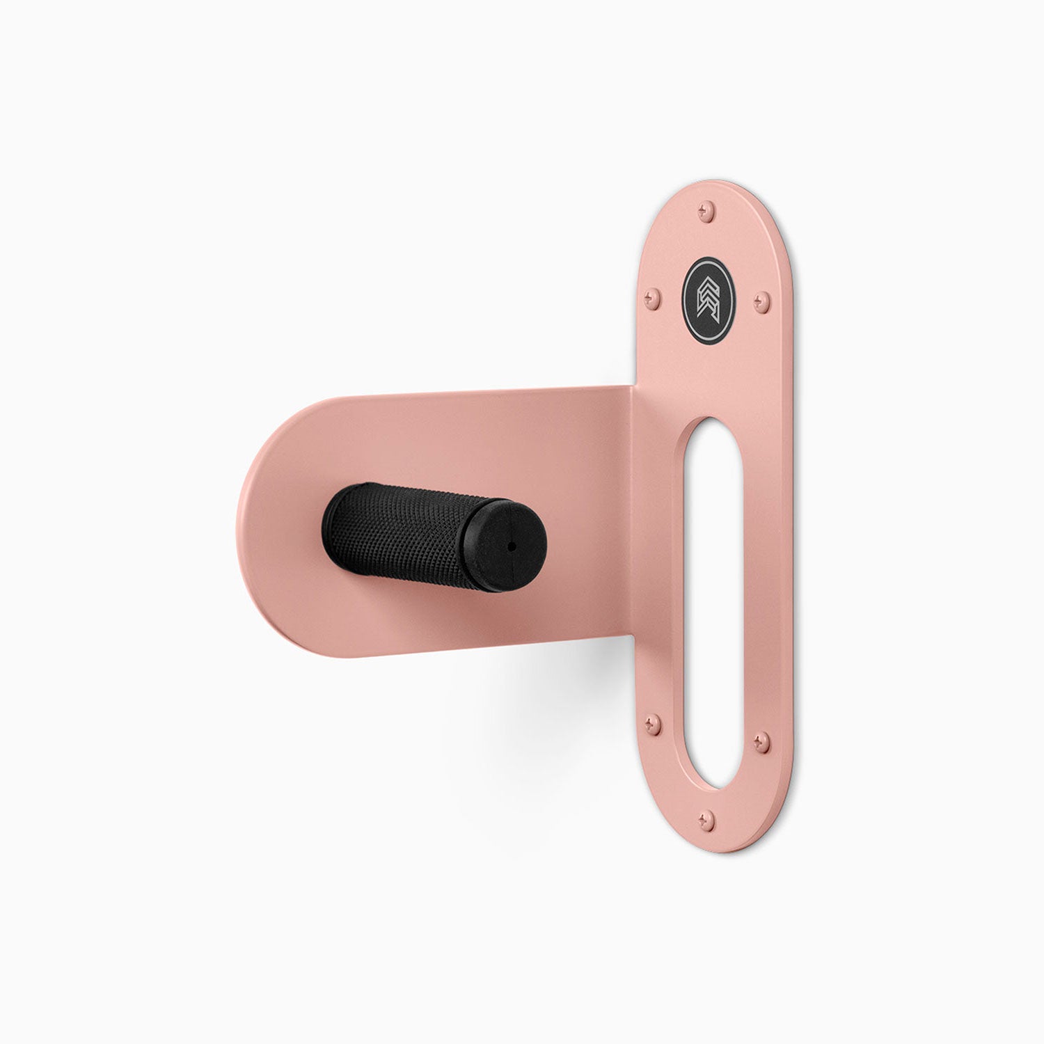 Spoke Bike Hanger – pink flash color, left orientation. Modern wall or ceiling-mounted bike hanger by Shelfology, USA-made powder coated steel.