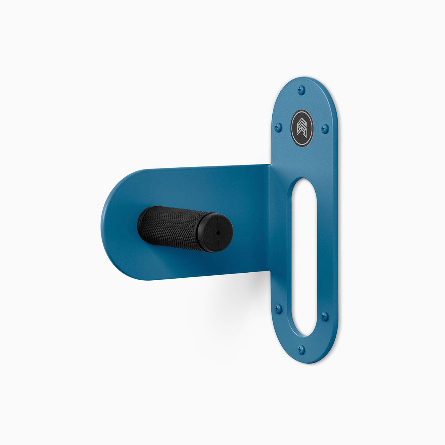 Spoke Bike Hanger – shelf geek blue color, left orientation. Modern wall or ceiling-mounted bike hanger by Shelfology, USA-made powder coated steel.