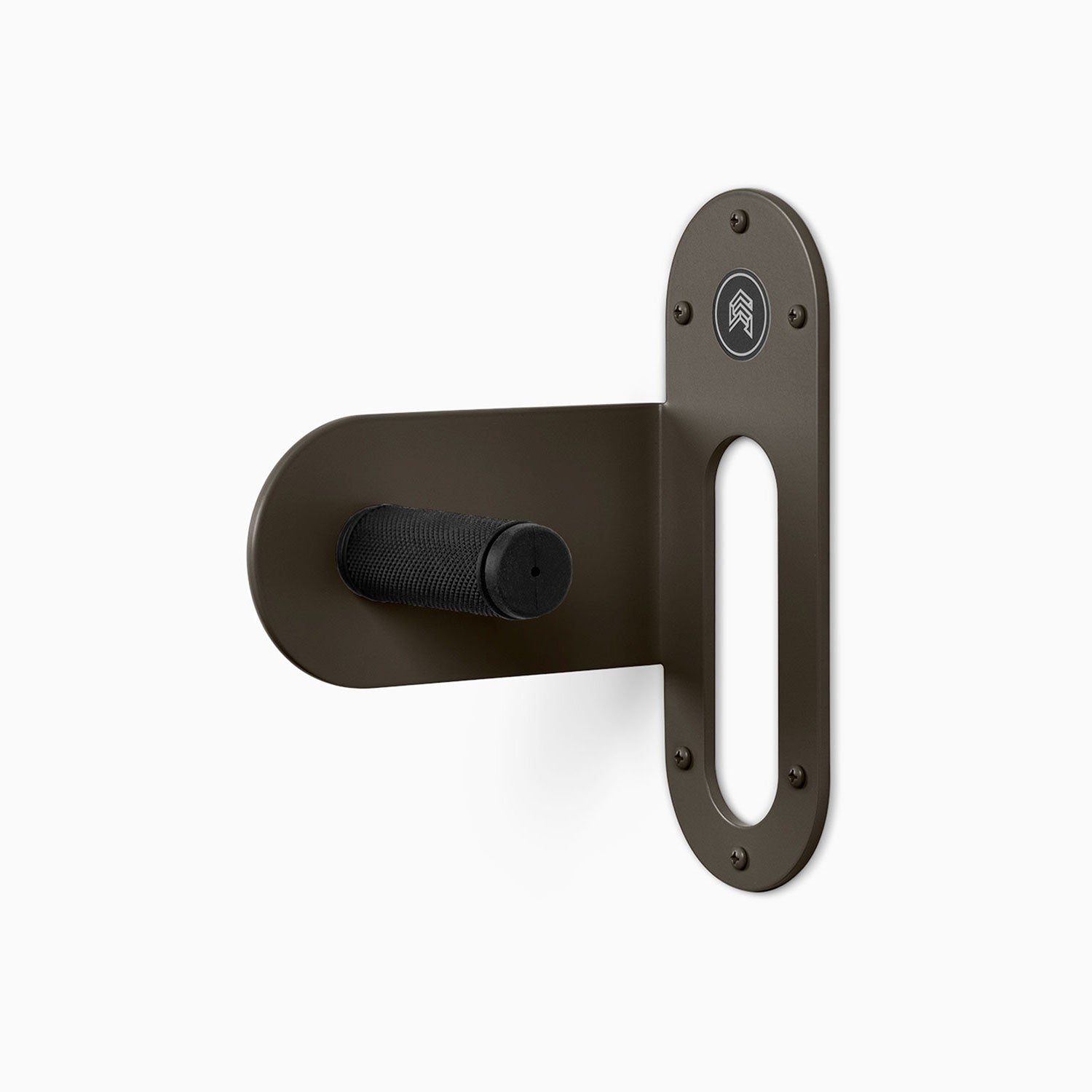 Spoke Bike Hanger – tungsten color, Left orientation. Modern wall or ceiling-mounted bike hanger by Shelfology, USA-made powder coated steel.