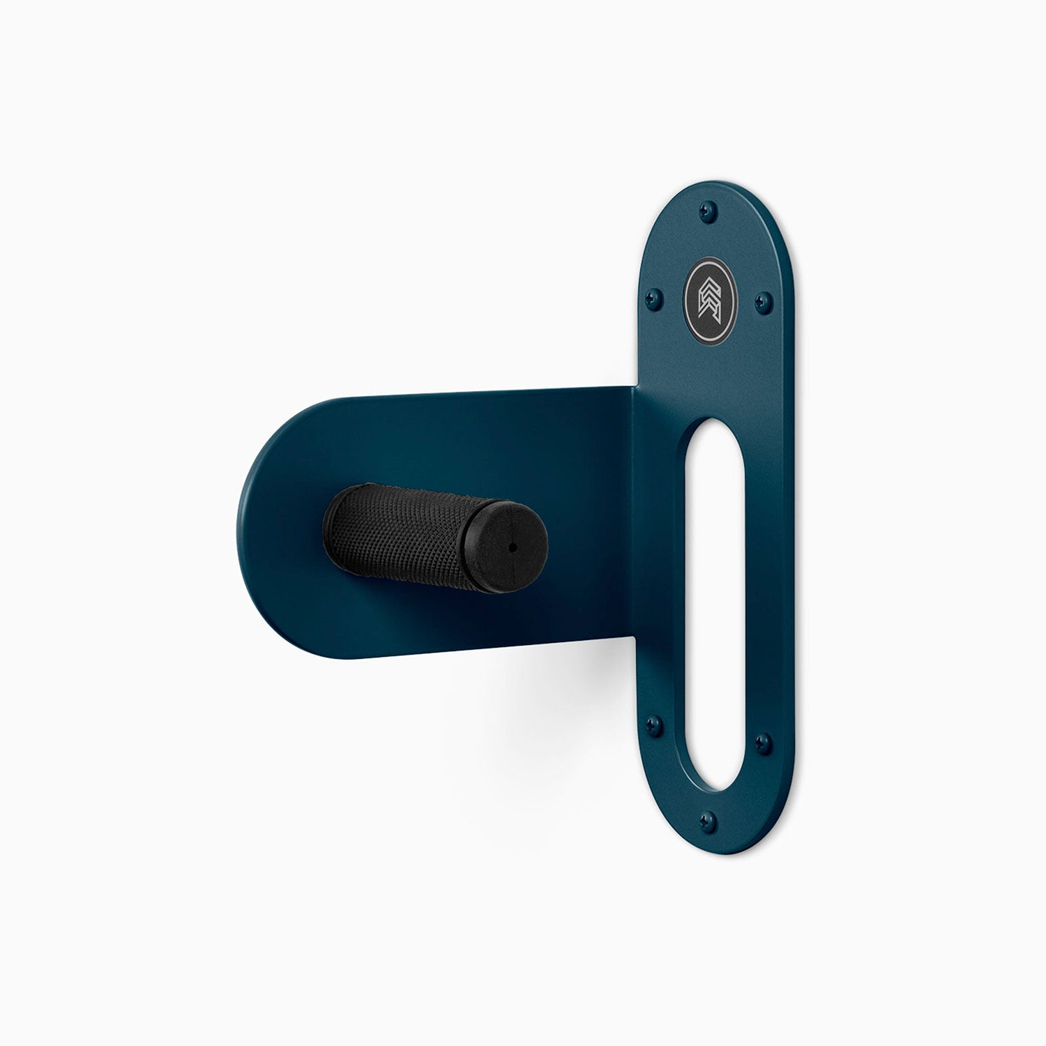 Spoke Bike Hanger – winkler blue
color, left orientation. Modern wall or ceiling-mounted bike hanger by Shelfology, USA-made powder coated steel.