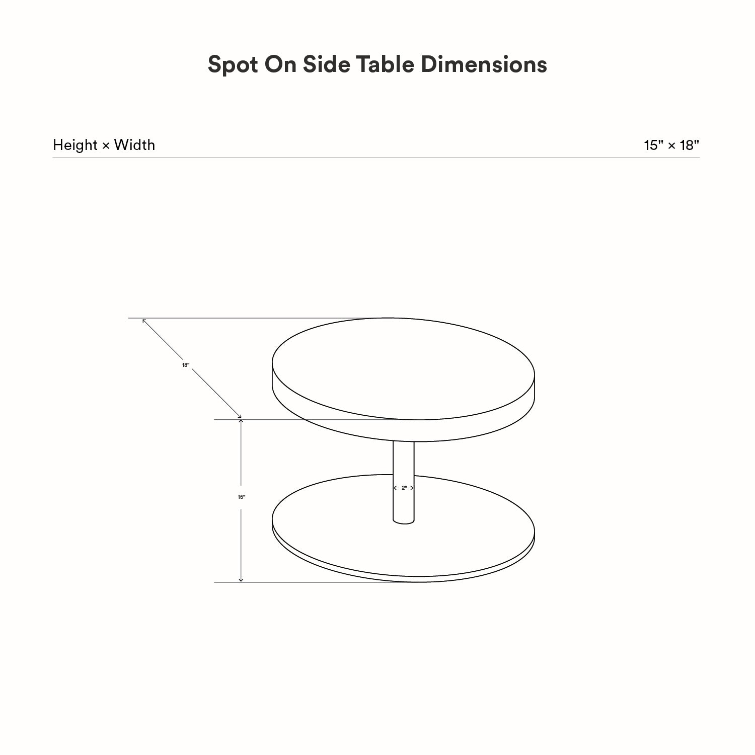 Diagram showing dimensions of the Spot On Side Table with minimalist design including a round top and base connected by a central support column.