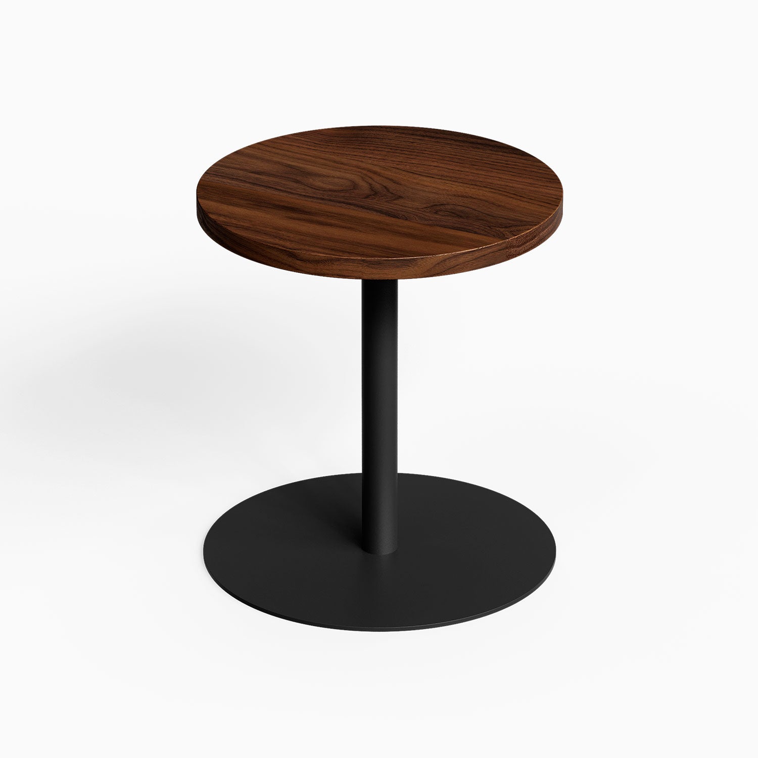 Spot On Side Table with round dark wood tabletop and black metal pedestal base for compact functional display