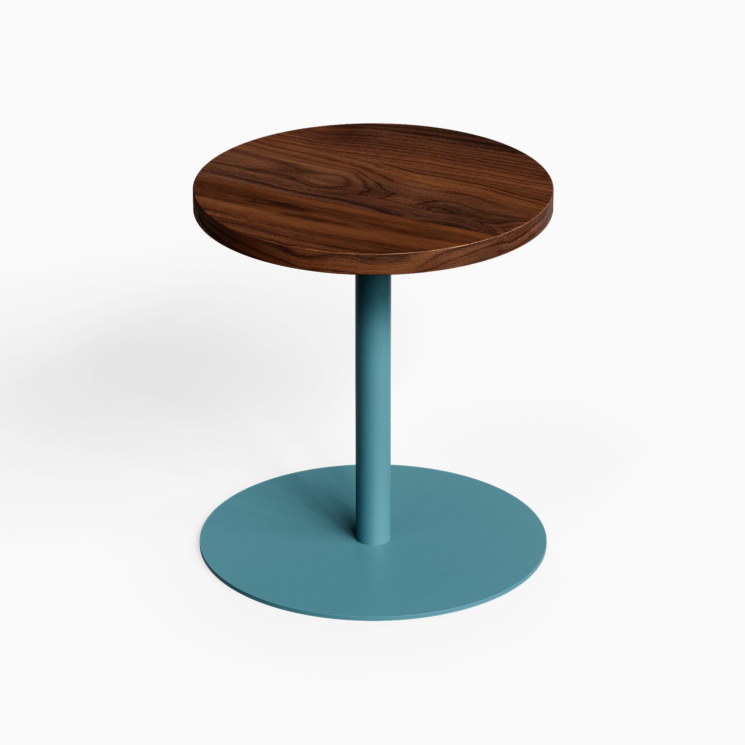 Spot On Side Table with round wood top and teal pedestal base shown against a clean white background