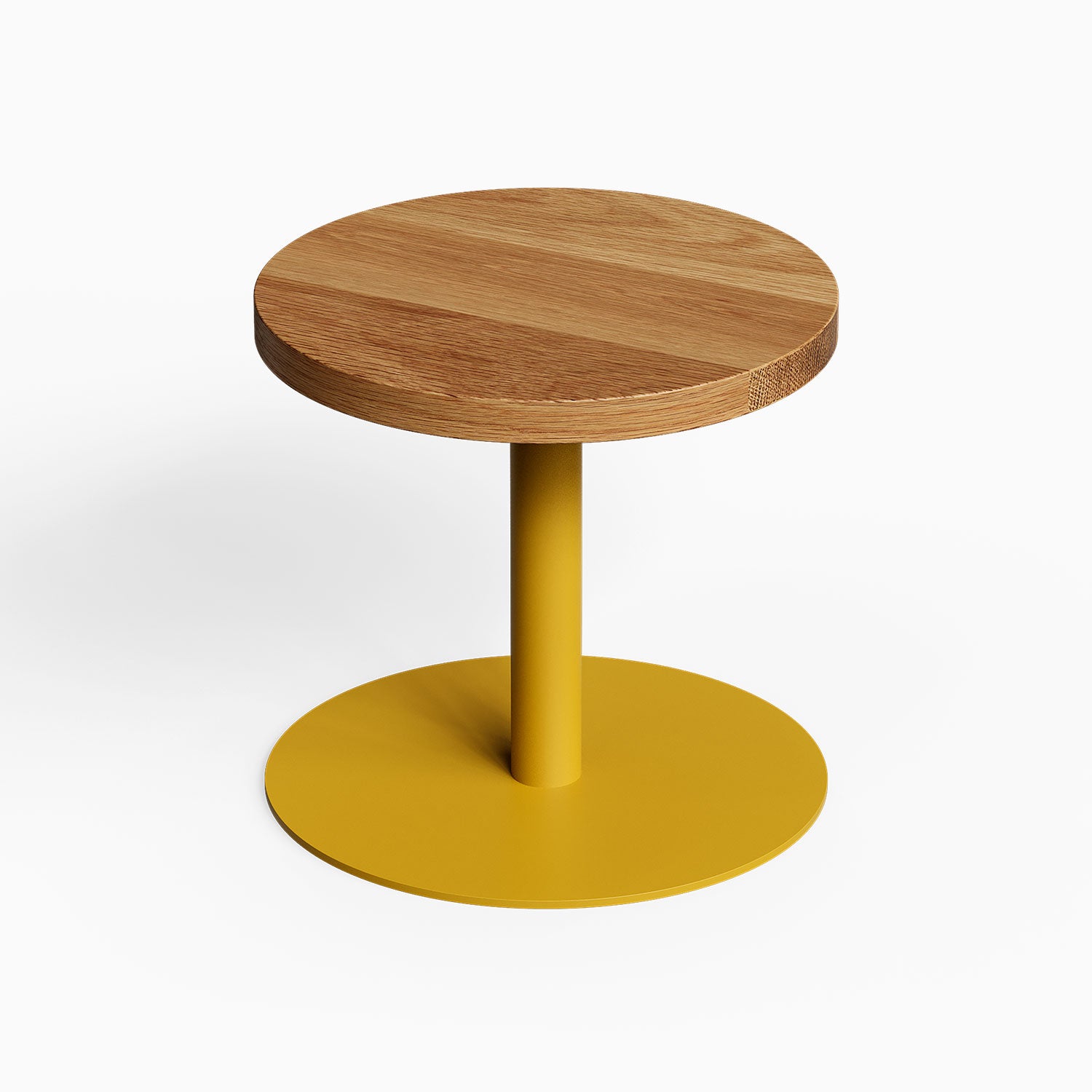 Spot On Side Table with a round wood top and golden metal pedestal base for compact functional display
