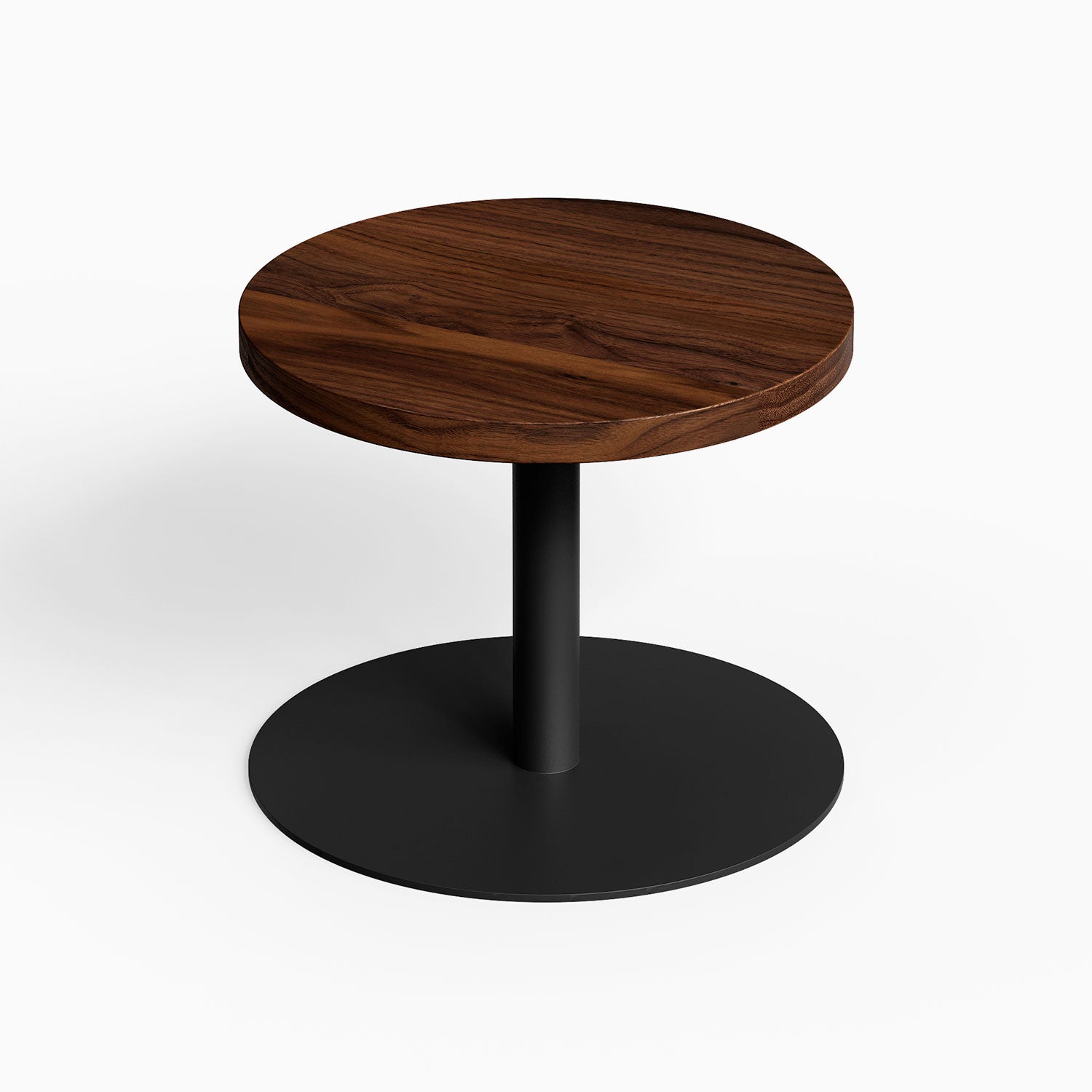 Spot On Side Table featuring a round walnut wood top and matte black steel base, minimalist modern design perfect for organized living spaces.
