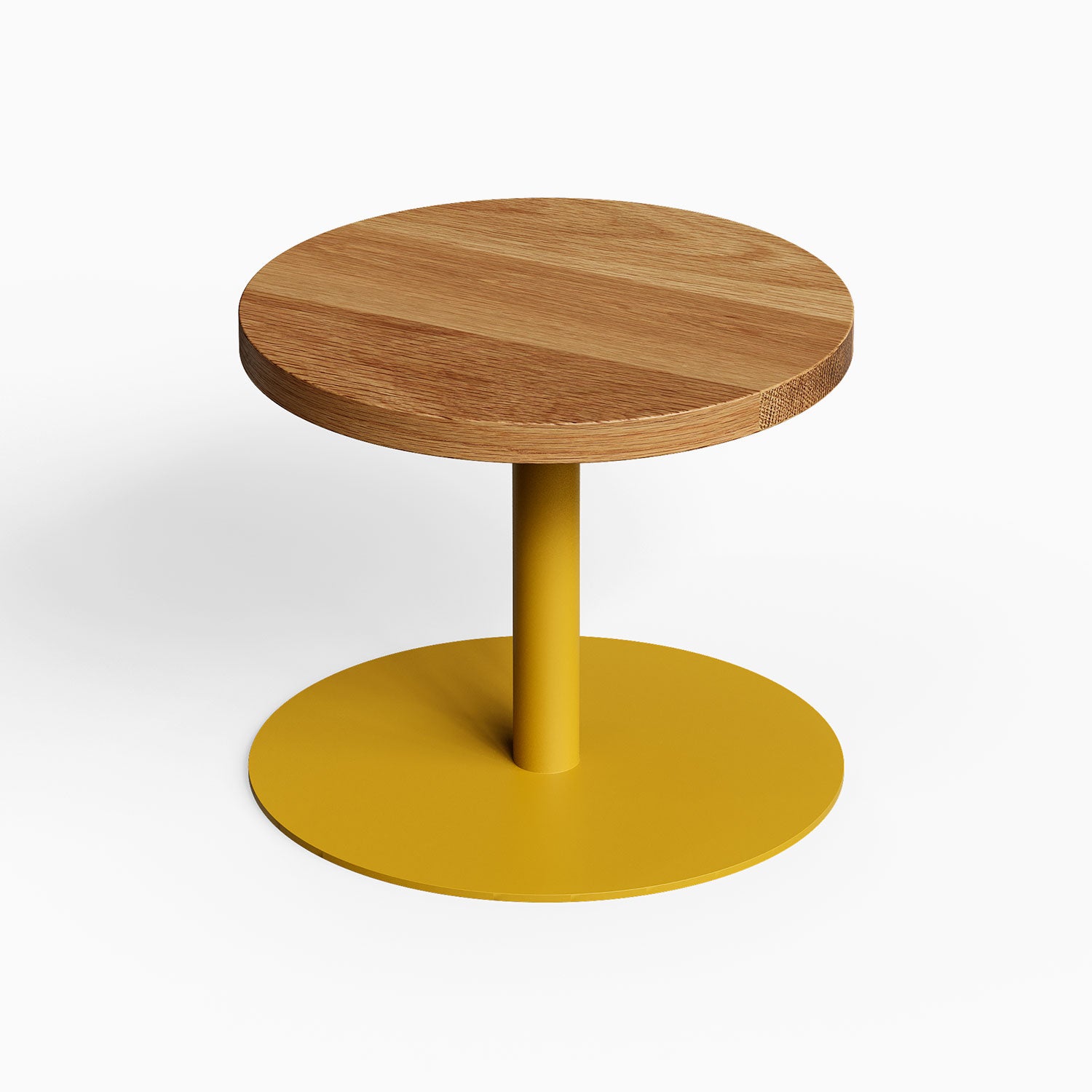 Spot On Side Table featuring a round solid hardwood top and a mustard yellow metal base, combining minimalist design with functional style.
