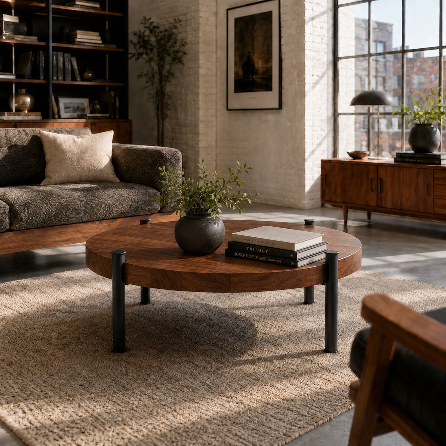 Stay Coffee Table in mixed wood and steel materials in a stylish, minimalist living room showcasing organization and timeless design.