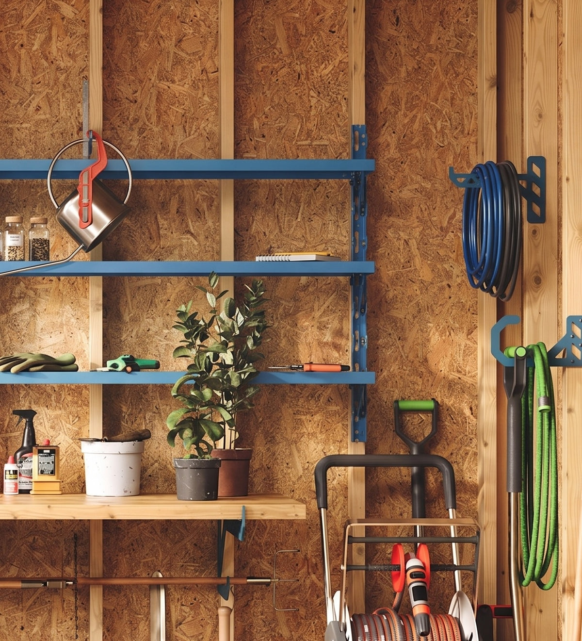 Organized workshop wall with blue shelves holding plants and tools alongside coiled hoses and garden equipment on a wood backdrop
