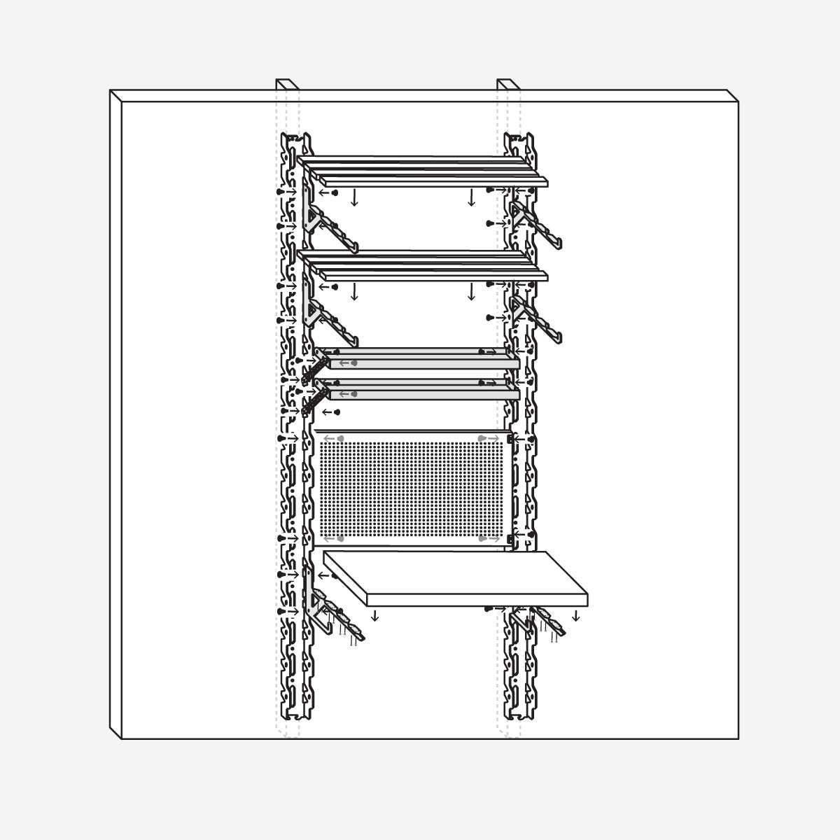 Technical line drawing of a wall mounted storage system with vertical rails adjustable shelves and a lower work surface