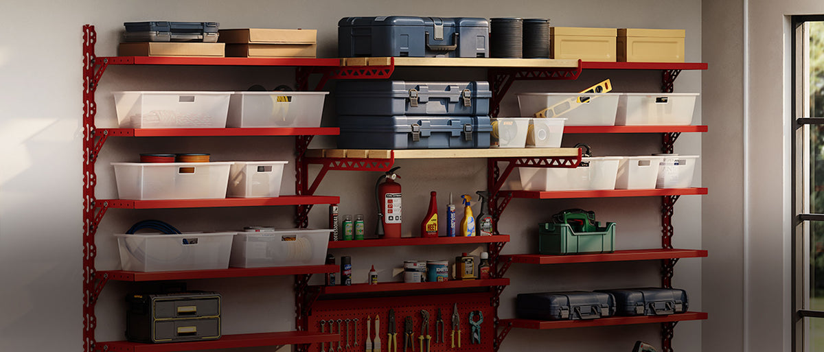 Organized workshop with red metal wall shelves holding storage bins tool cases hardware and assorted supplies