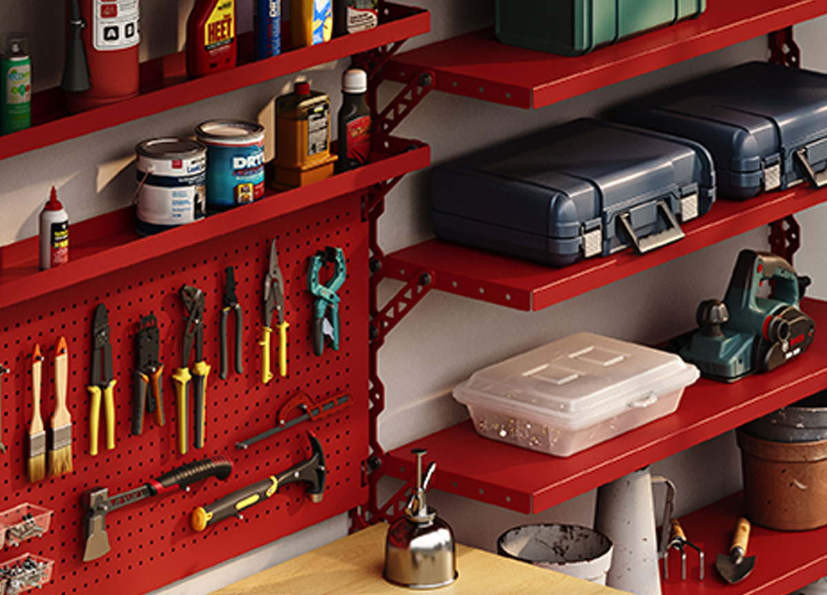Red metal wall shelves and pegboard organizing tools paint cans storage cases containers and workshop equipment in a garage or studio
