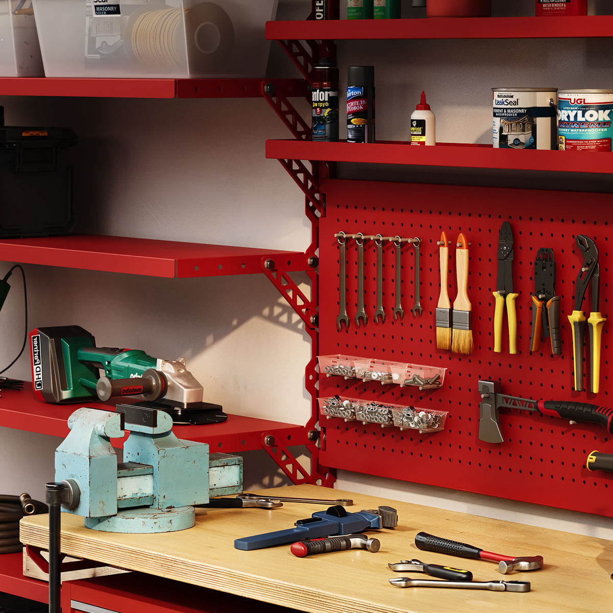Organized workshop with red wall shelves and pegboard holding hand tools above a wooden workbench with a vise and power tools