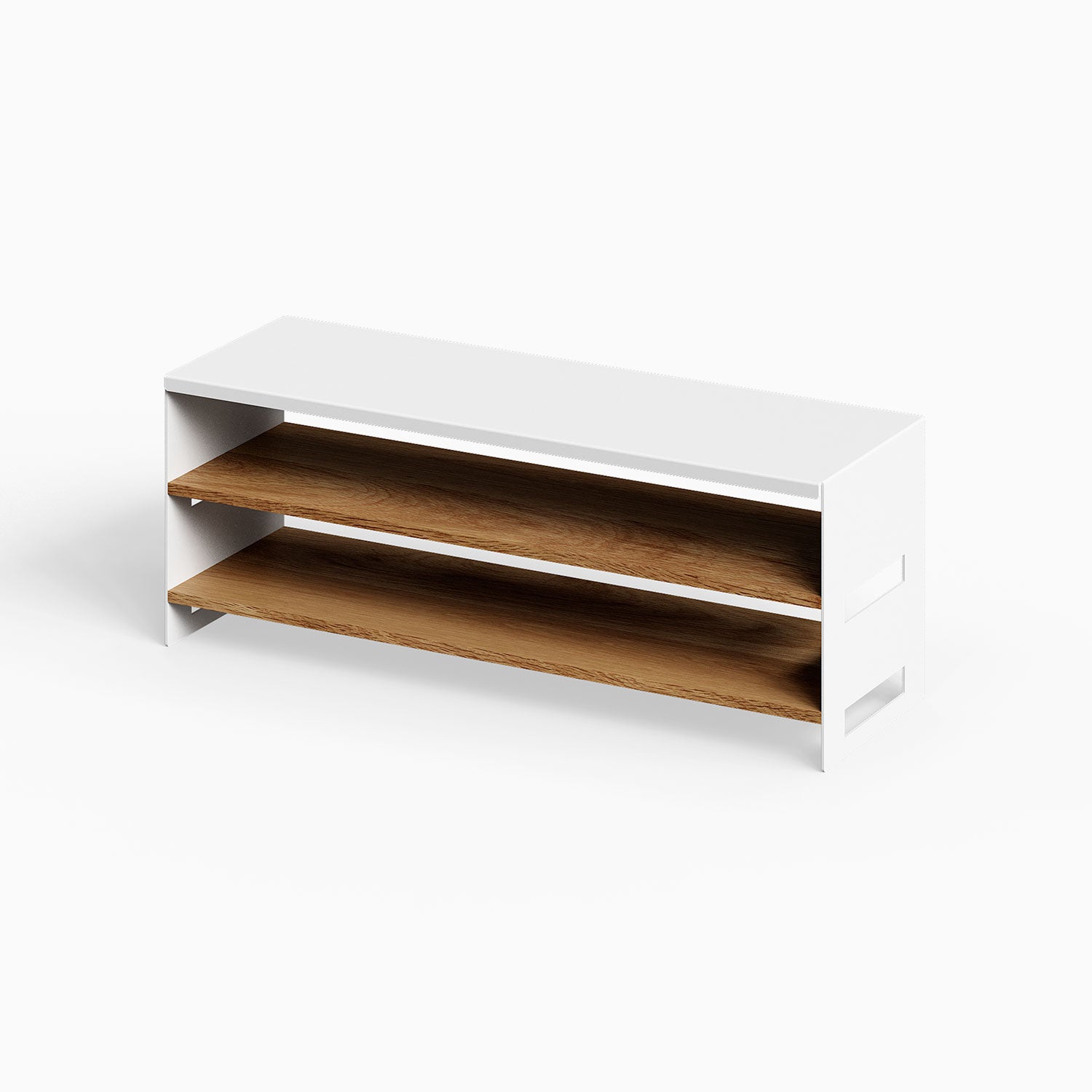 Take Five Bench + Shoe Rack with minimalist white frame and natural wood shelves, perfect for organized entryways and functional storage.