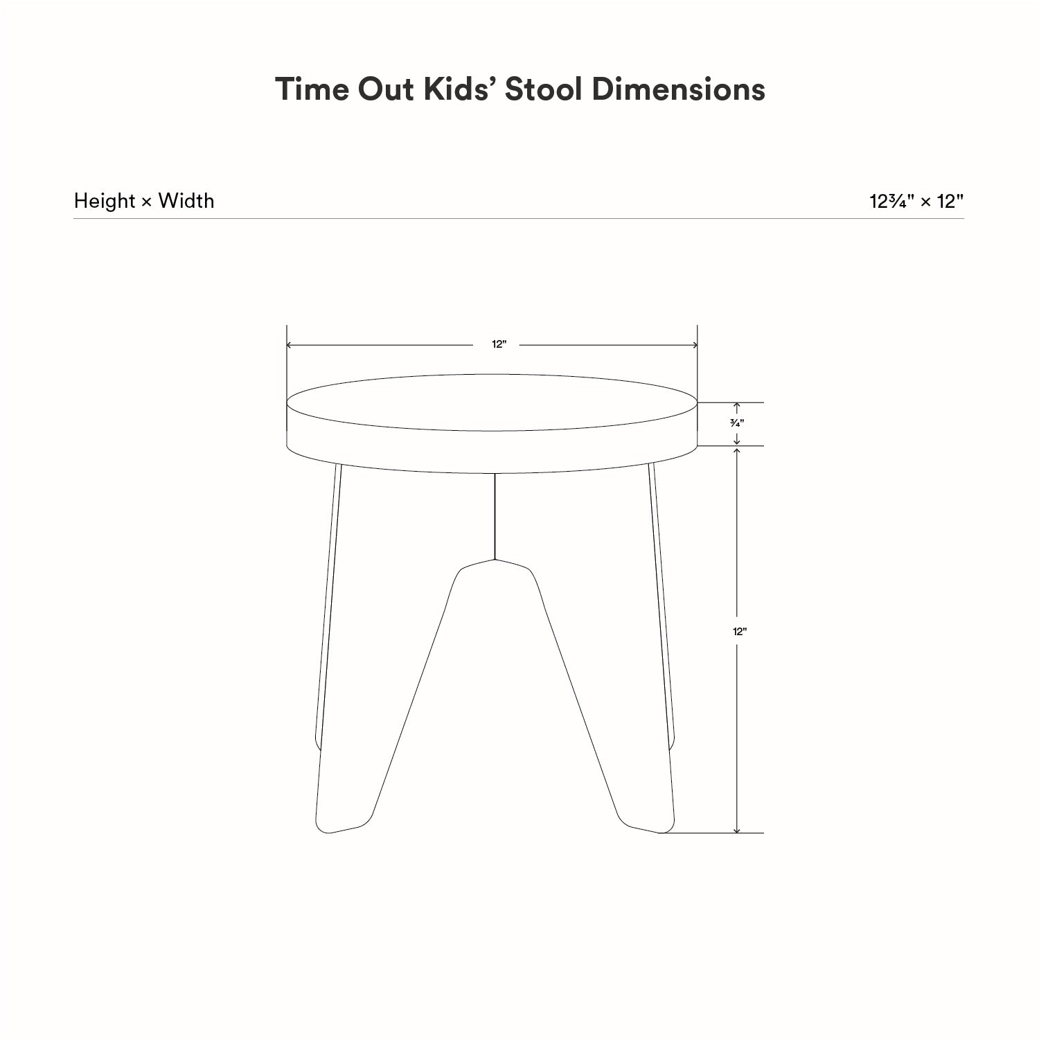 Technical line drawing showing dimensions of the Time Out Kids Stool, highlighting height of 12 1/4 inches and width of 12 inches for this minimalist wooden stool design.