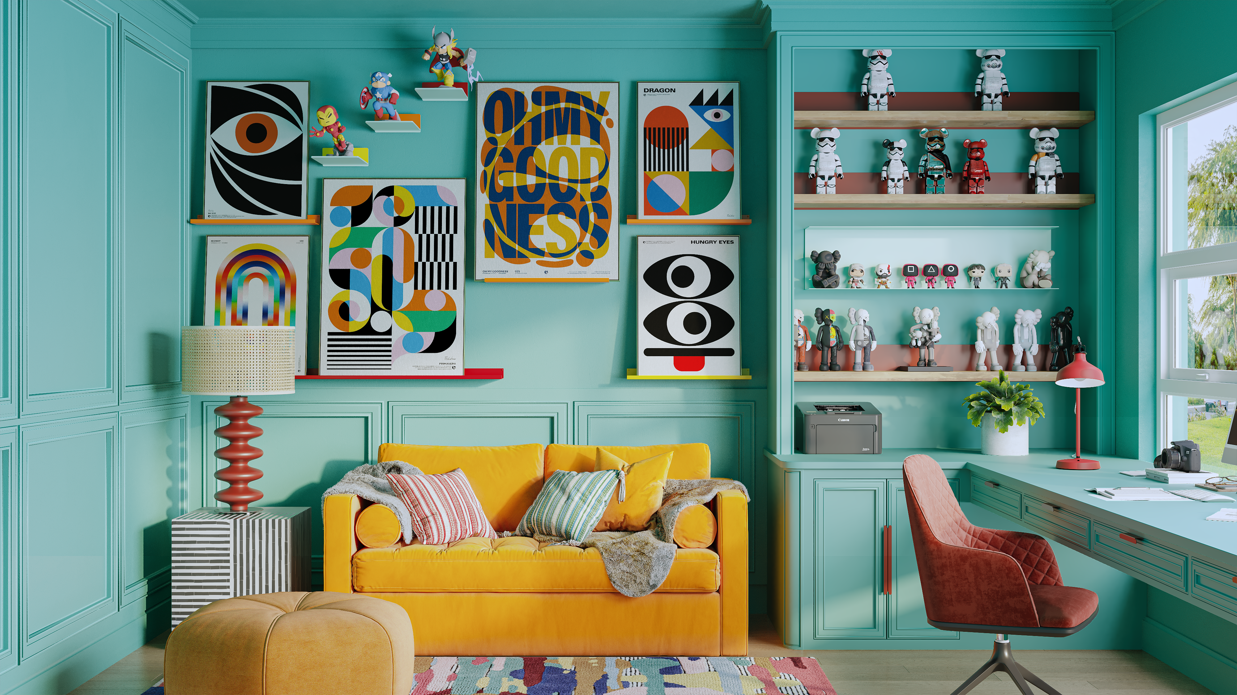 Bright teal room features a vibrant yellow sofa with colorful pillows, modern abstract art on the walls, white and wood floating shelves filled with collectible figurines, a red spiral lamp, and a coral desk chair by a window.