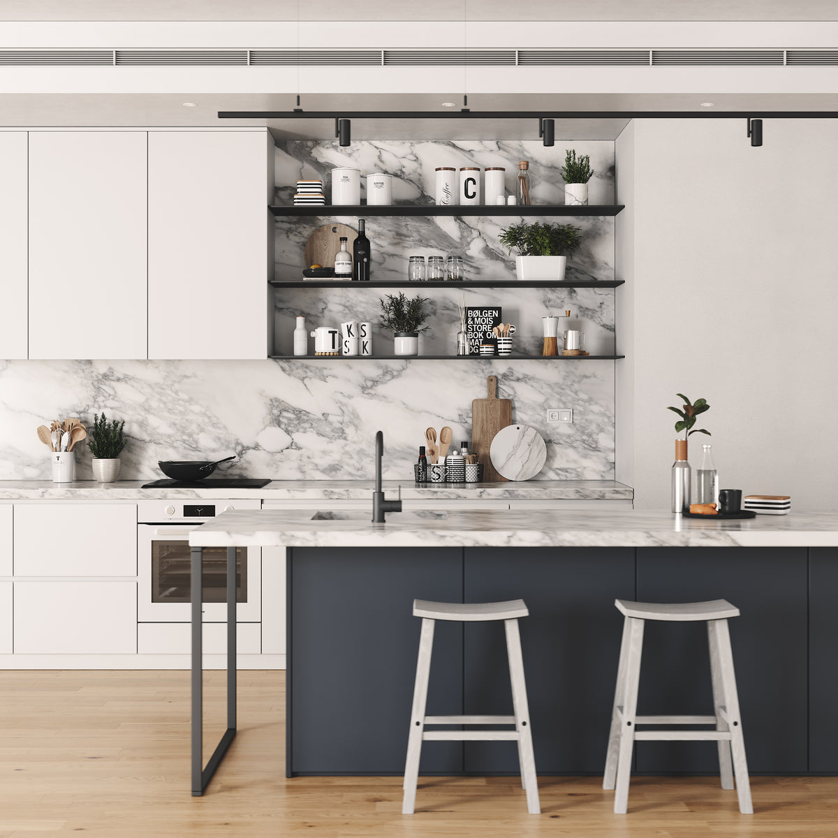 Modern marble kitchen with dark open wall shelves displaying dishes plants jars and decor above a sink and island with stools