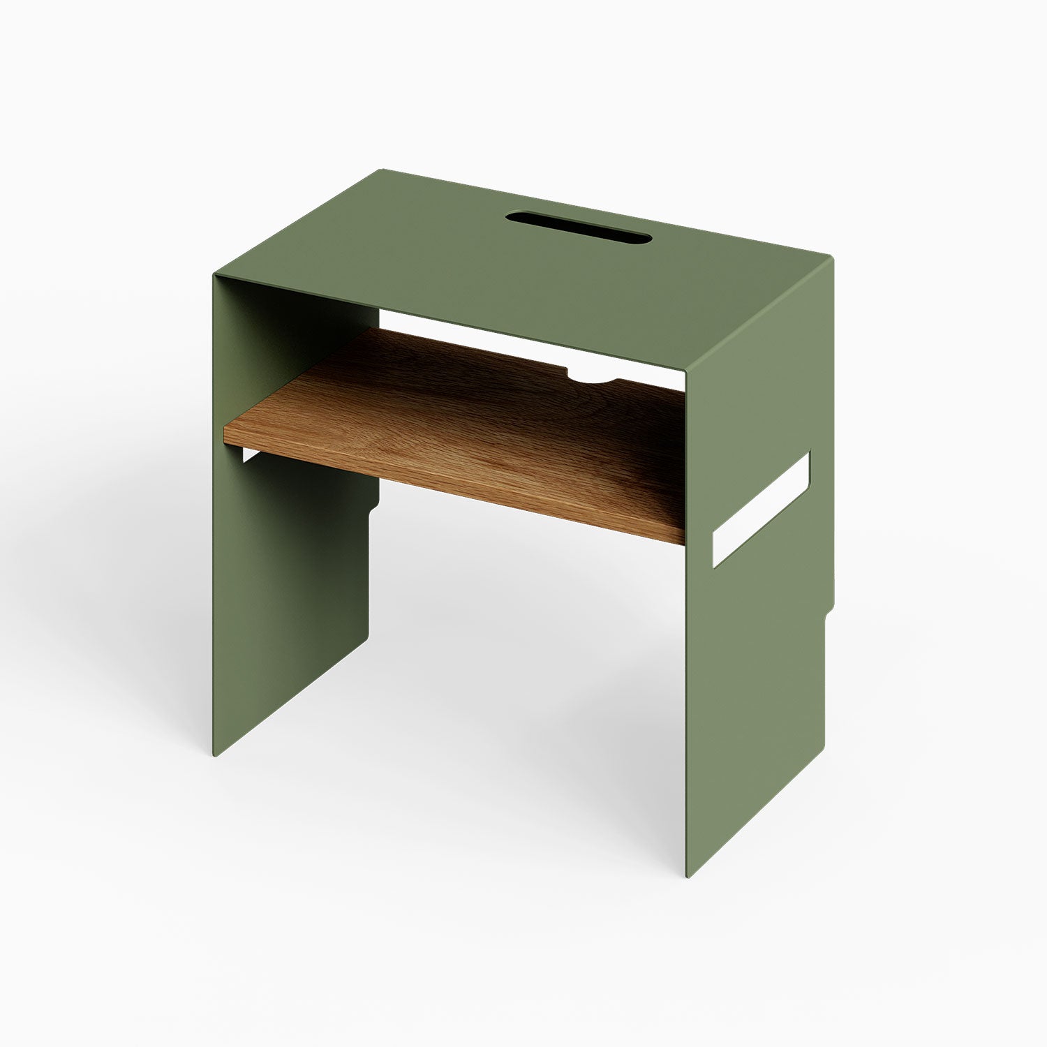 Tuck In Nightstand in green with an open wood shelf and integrated handle for compact bedside organization
