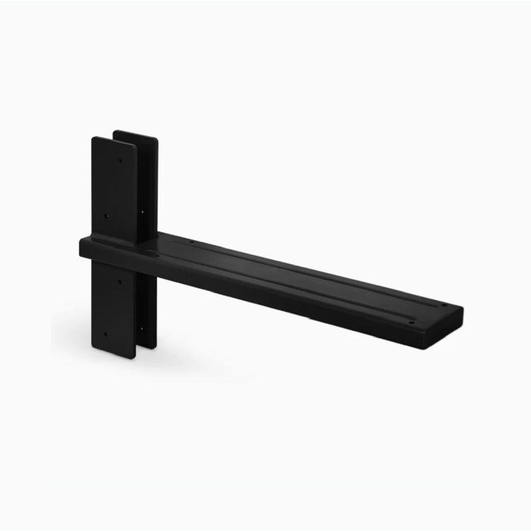 Matte black metal bracket featuring a flat horizontal arm with dual vertical mounting plates designed for supporting floating mantel or display ledges.