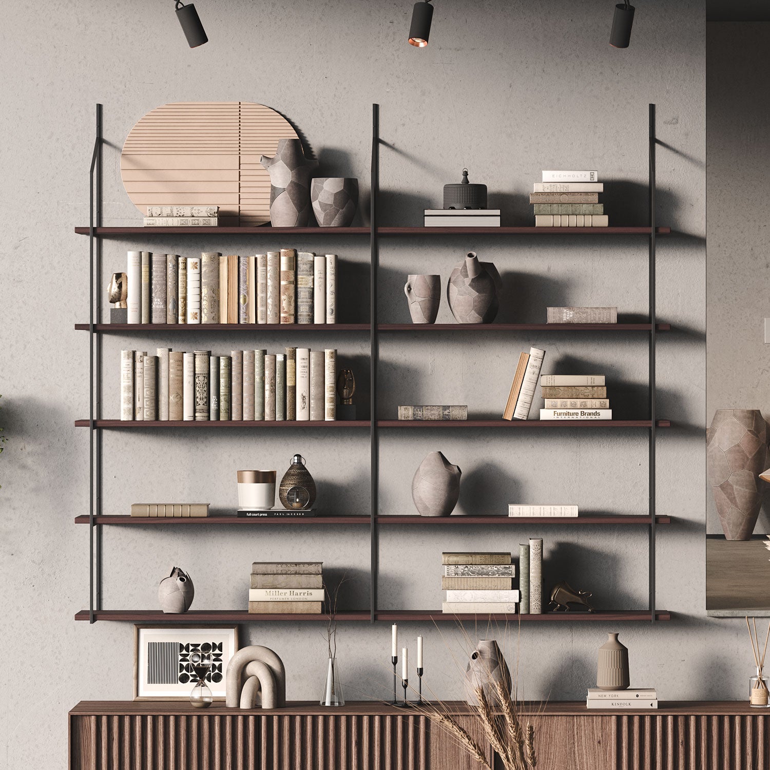 A modern tiered shelf system with dark brown wood and metal frames, filled with books, vases, and other decor items.