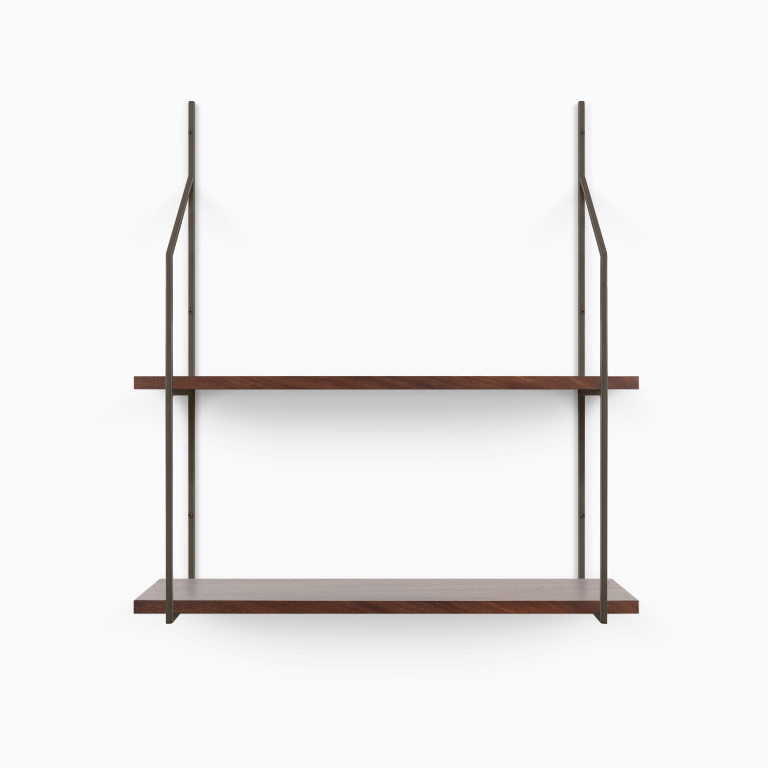 A two-tiered shelf with solid mahogany, dutch mocha stain, mid-centery mondern design with dark grey powder coated brackets.
