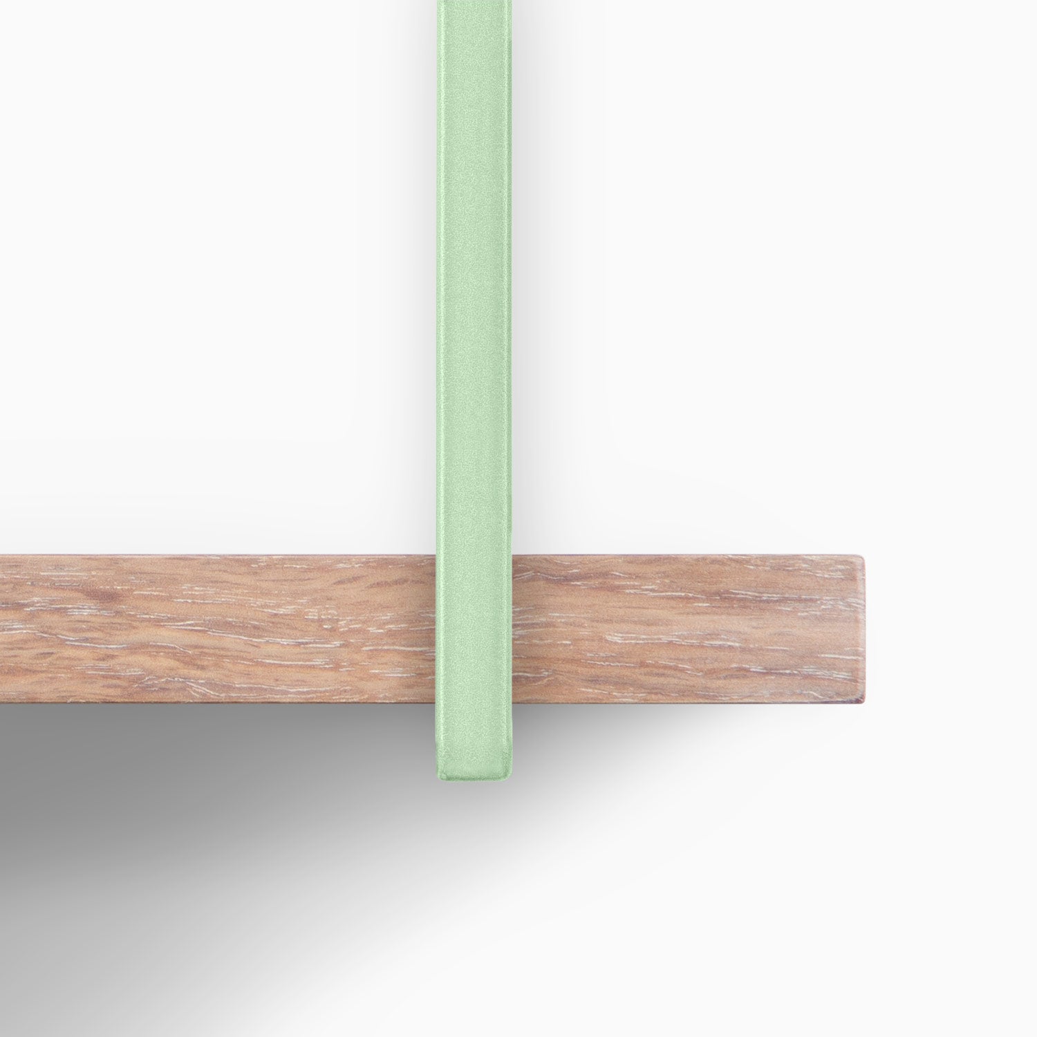 Lloyd Glazed White Oak 2 Tiered Shelf with glazed white oak planks and muted green metal floating shelf brackets
