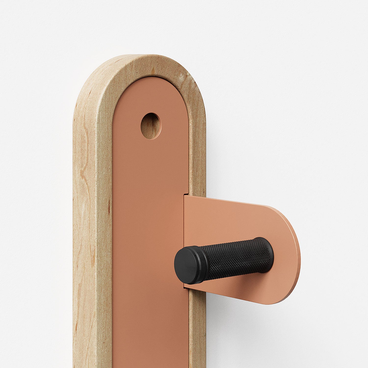 Wallride Vertical Bike Hanger System product image. top portion of product only, against white background. Maple hardwood finish with claymore powder color hardware.