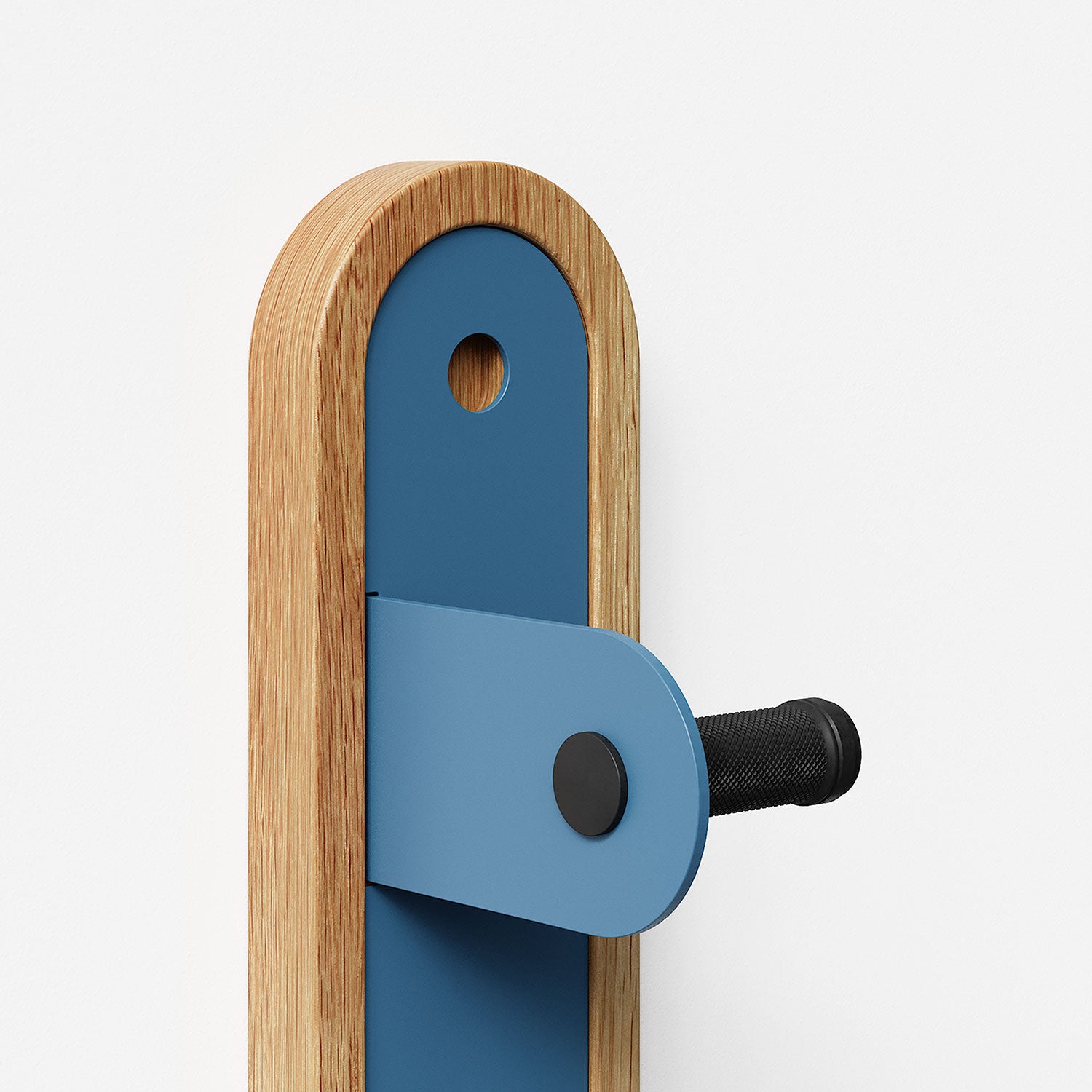 Wallride Vertical Bike Hanger System product image against white background. Upper section or hanger shown in white oak and shelf geek blue, left bracket configuration.