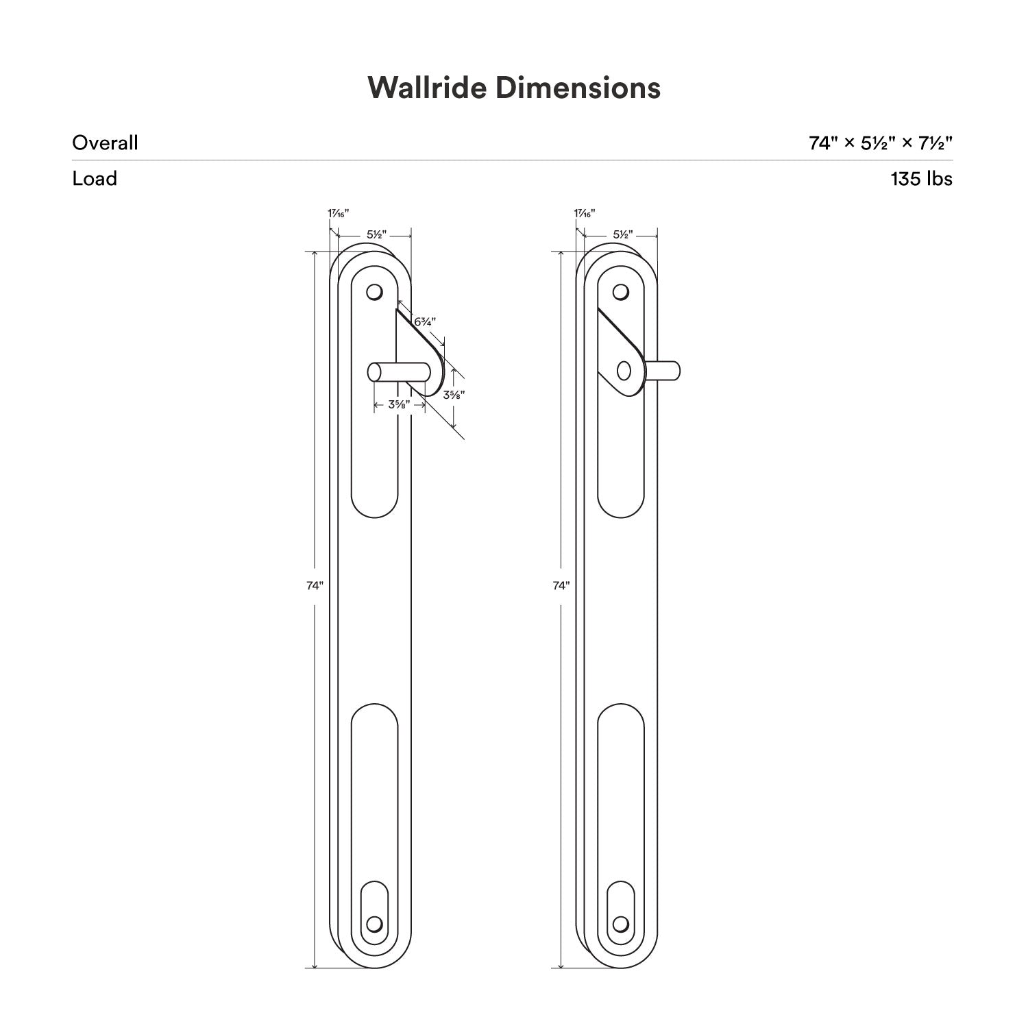 Wallride Vertical Bike Hanger System product dimentions image. Black and white line drawing depicting product right and left configurations for product. dimensions: 74 inches x 5.5 inches x 7.5 inches. Load listed as 135lbs.