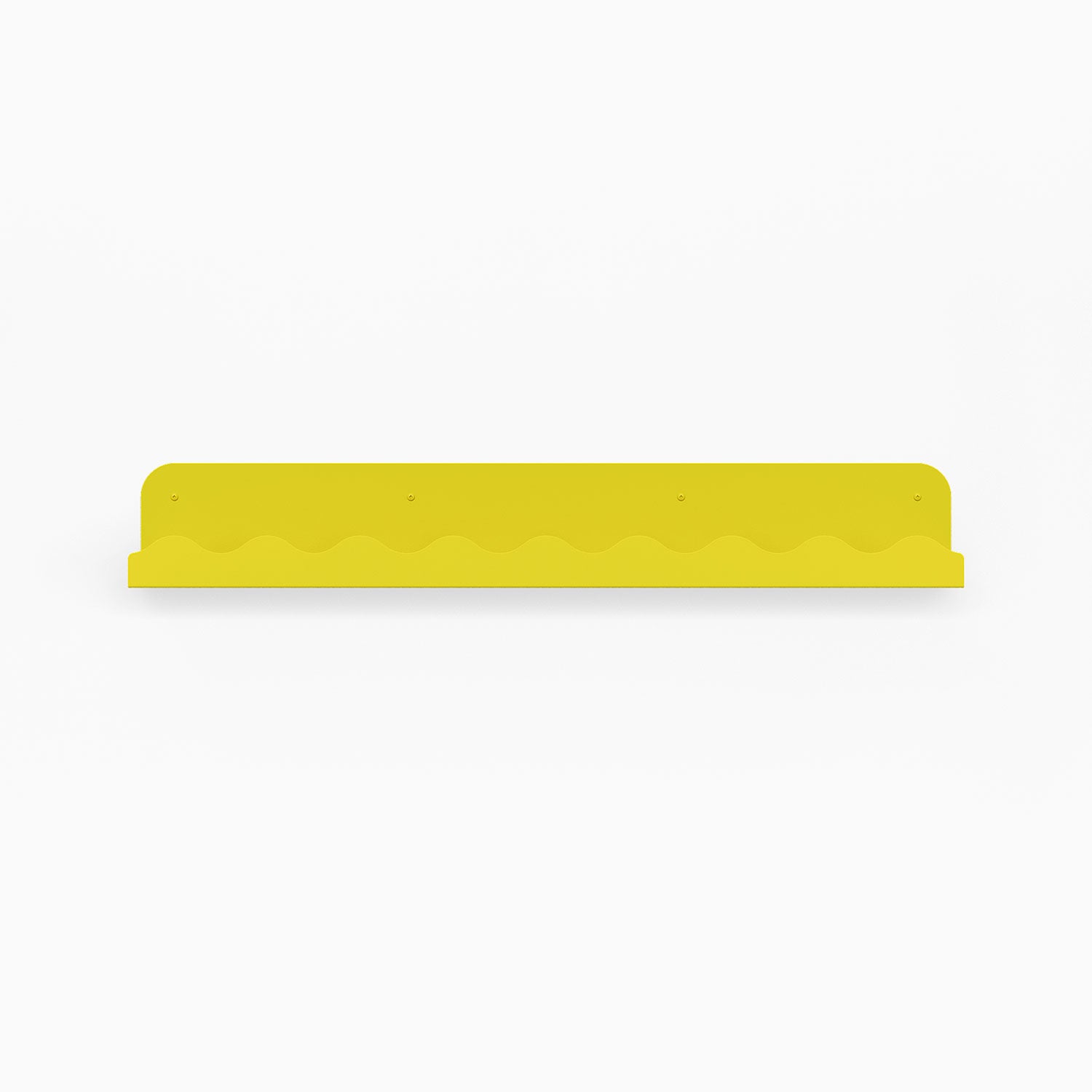 Mini Wave Picture Ledge in bright yellow steel with wave pattern for minimalist wall shelf display and stylish organization