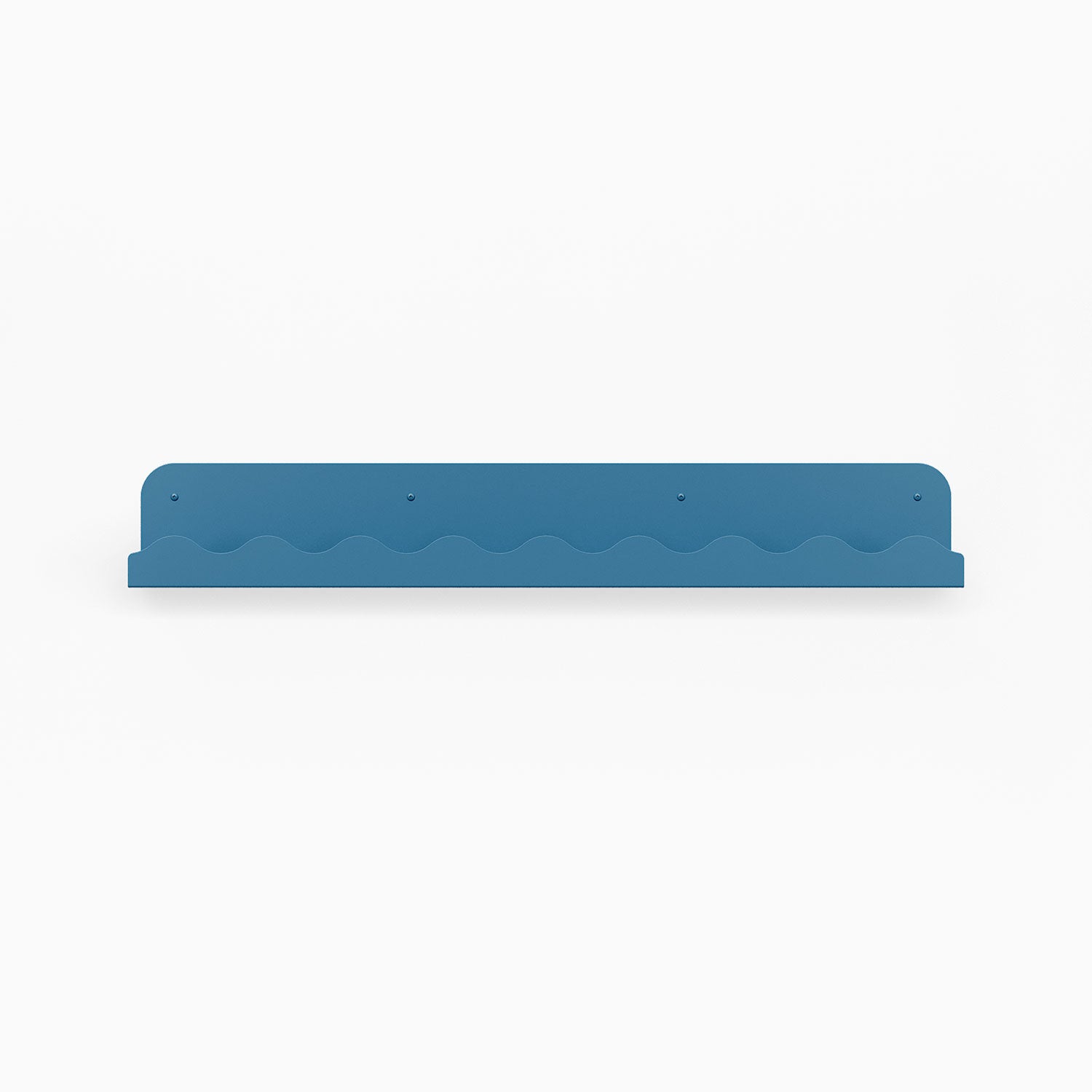 Mini Wave Picture Ledge in steely blue steel featuring a compact wave design for functional wall shelf display and organization