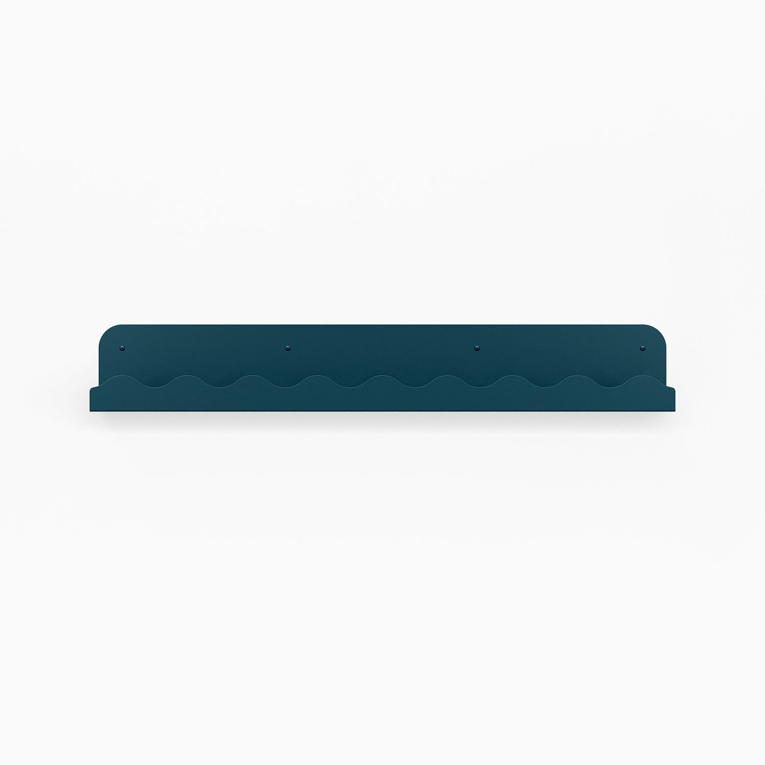 Mini Wave Picture Ledge in steely blue steel with compact wave pattern for sleek wall shelf display and organization