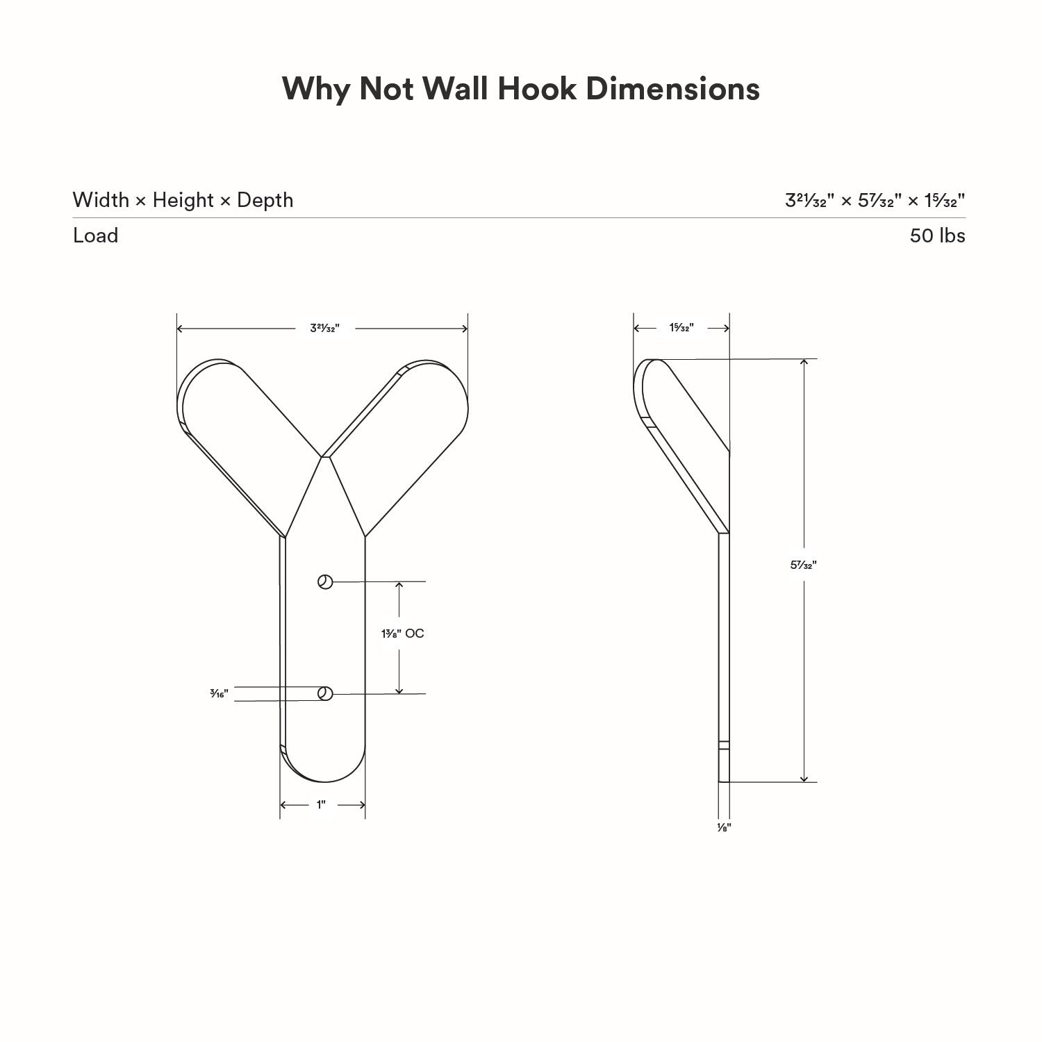 Why Not Wall Hook technical drawing showing dimensions and load capacity for functional wall hook by Shelfology